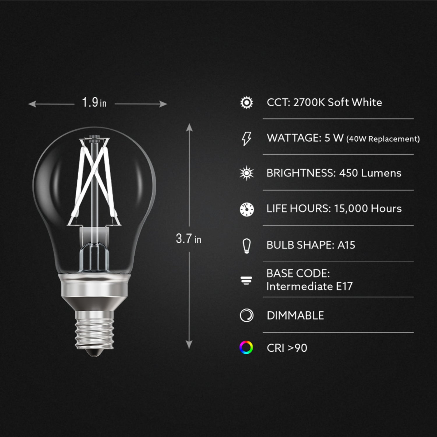 5W (40W Replacement) Soft White (2700K) A15 E17 Intermediate Base Exposed White Filament LED Light Bulb (2-Pack)