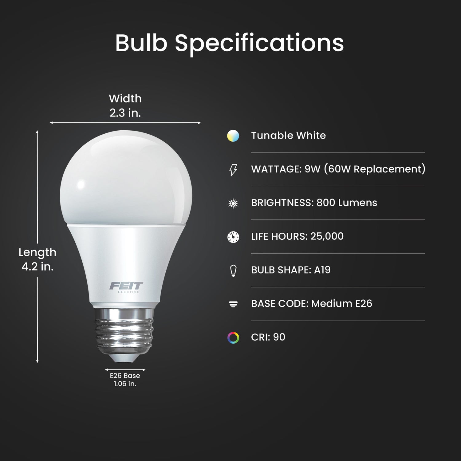 8.8W (60W Replacement) Tunable White E26 Base A19 Smart WiFi LED Light Bulb