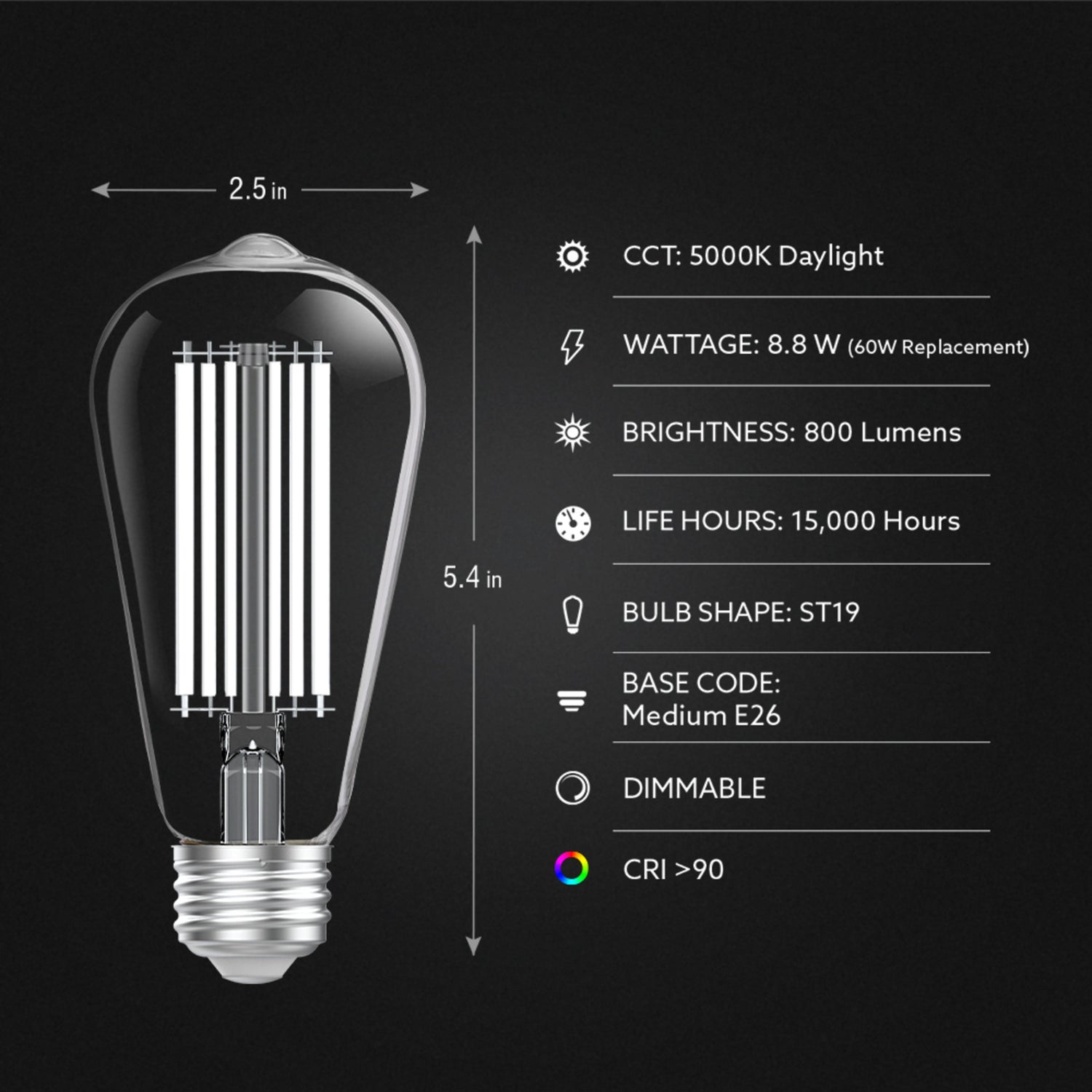 8.8W (60W Replacement) Daylight (5000K) ST19 Shape (E26 Base) LED Exposed White Filament Bulb