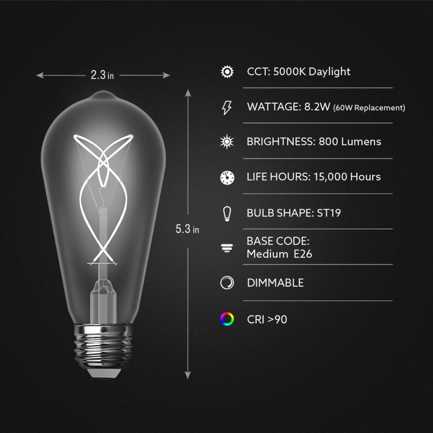 8.2W (60W Equivalent) Daylight (5000K) ST19 Shape (E26 Base) LED Designer White Filament Bulb