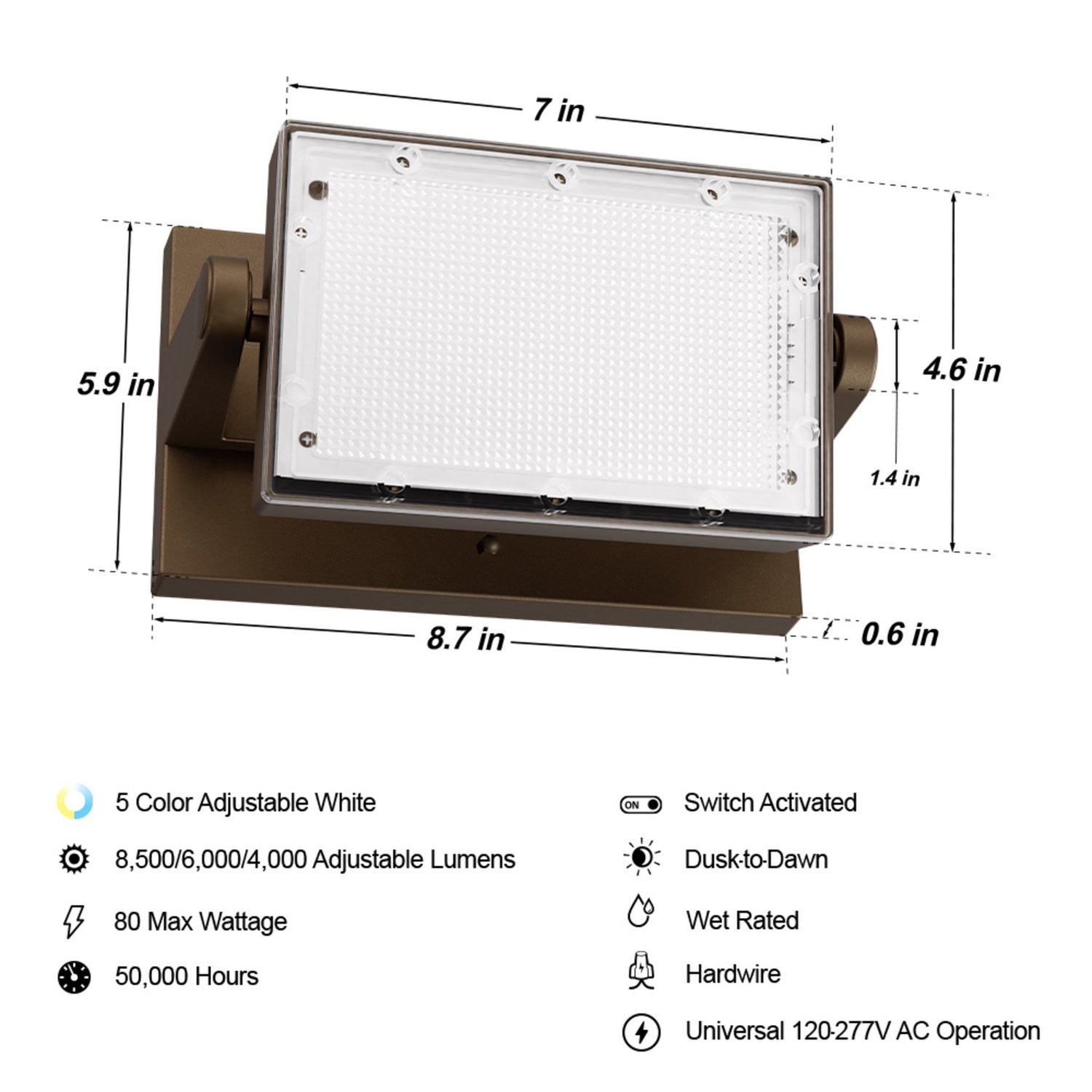 8500 Lumen Adjustable White + Color Changing Swivel Wall Flood Light with Lumen Select and Remote