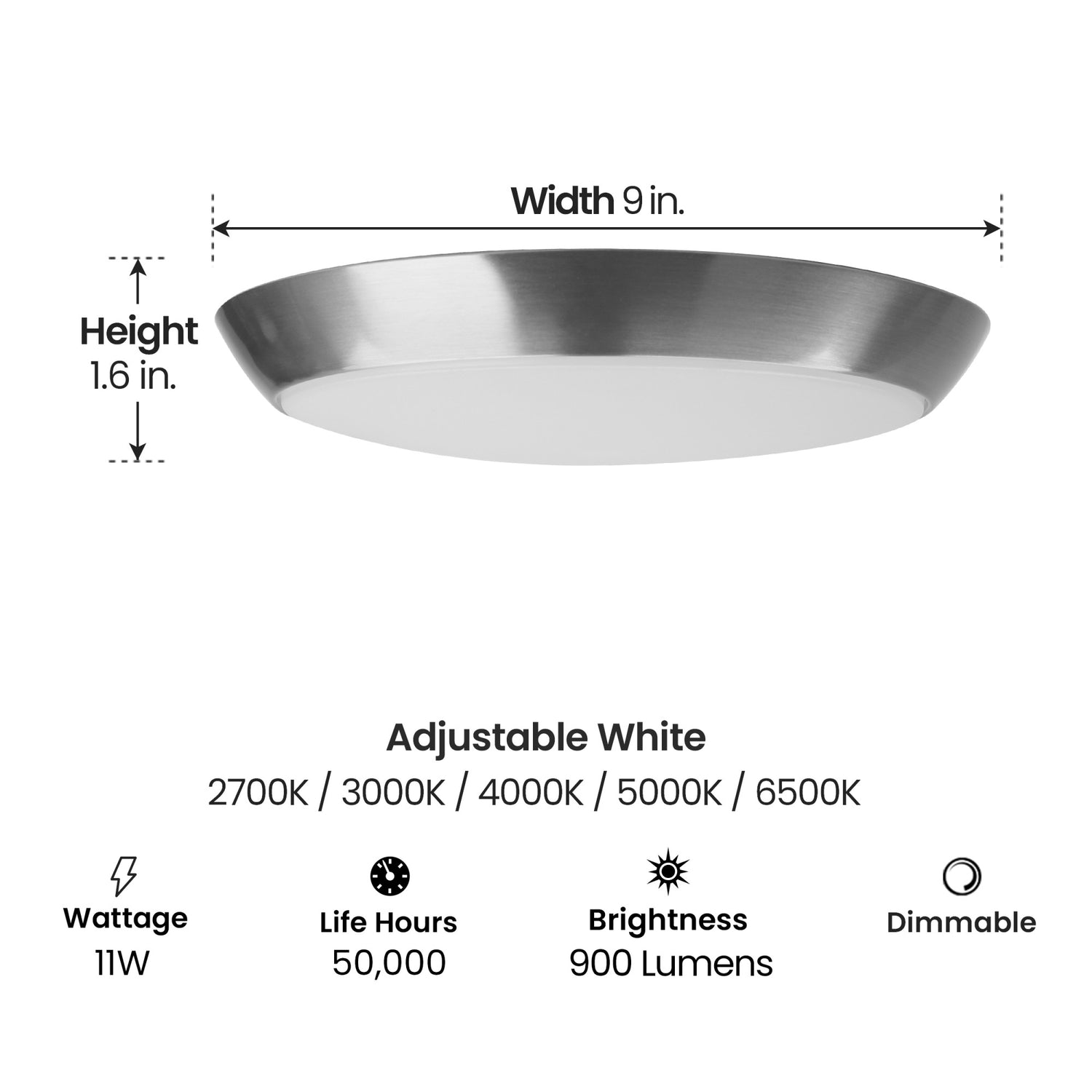 9 in. Dimmable Adjustable White LED Flush Mount Ceiling Fixture, Brushed Nickel