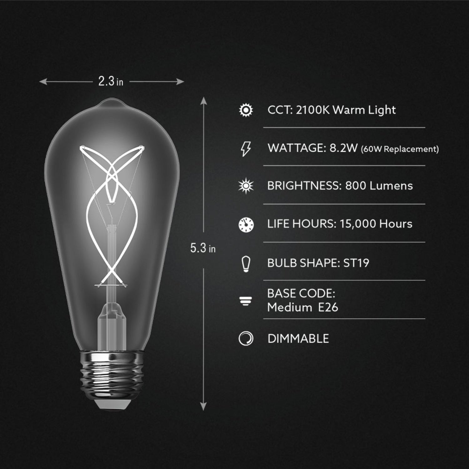 8.2W (60W Equivalent) Warm Light (2100K) ST19 Shape (E26 Base) LED Exposed Thin Designer White Filament Bulb
