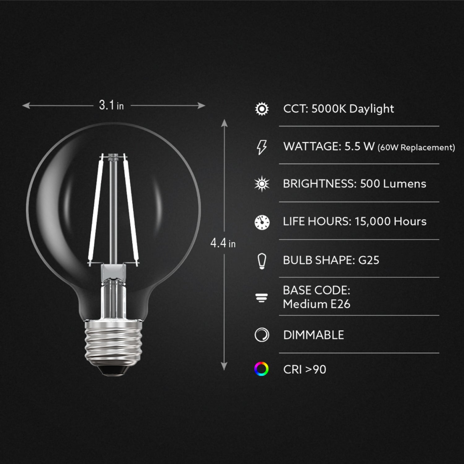 5.5W (60W Replacement) Daylight (5000K) Globe Shape (E26 Base) Exposed White Filament LED Bulb (3-Pack)