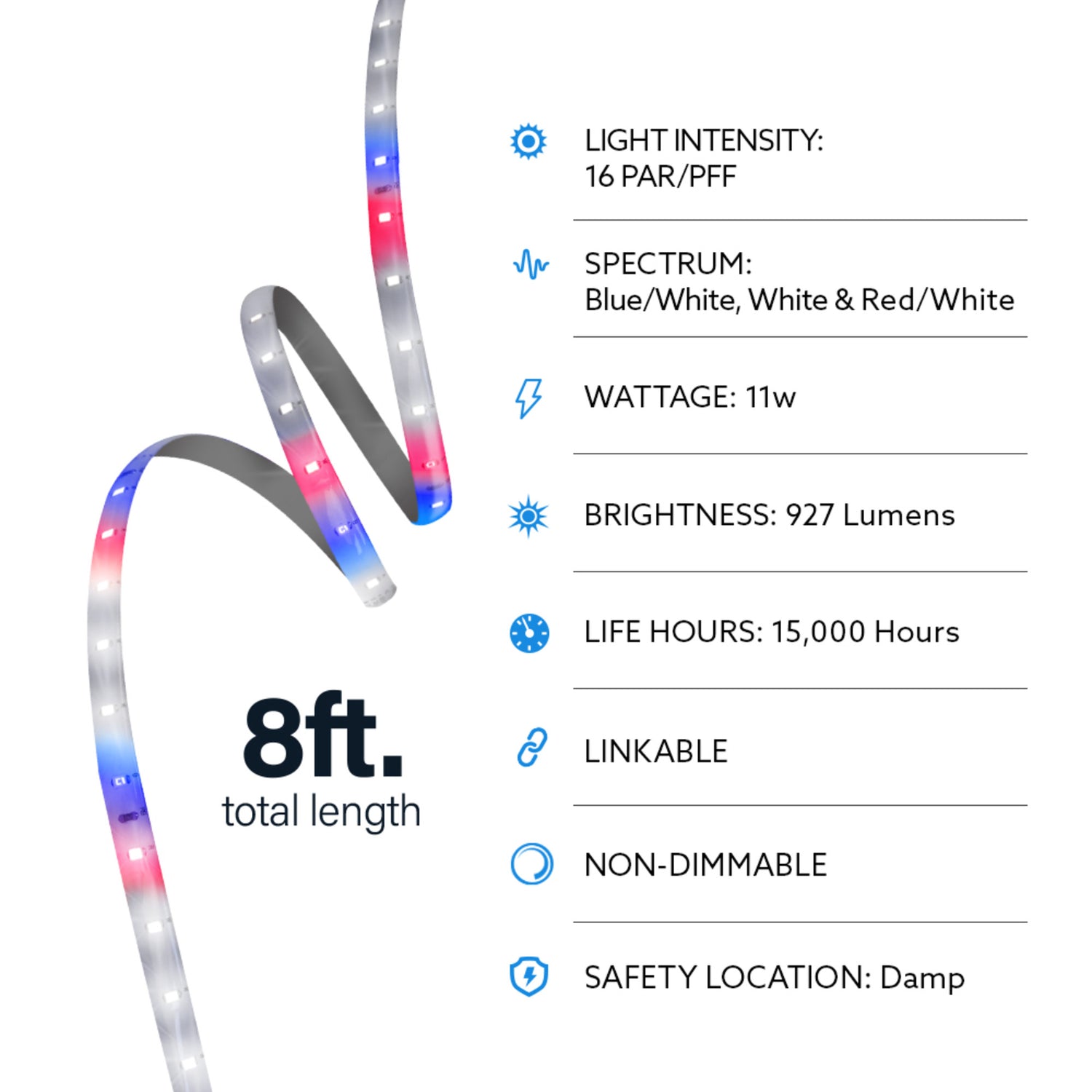 8 ft. 11W Selectable Spectrum LED Strip Light Grow Lights