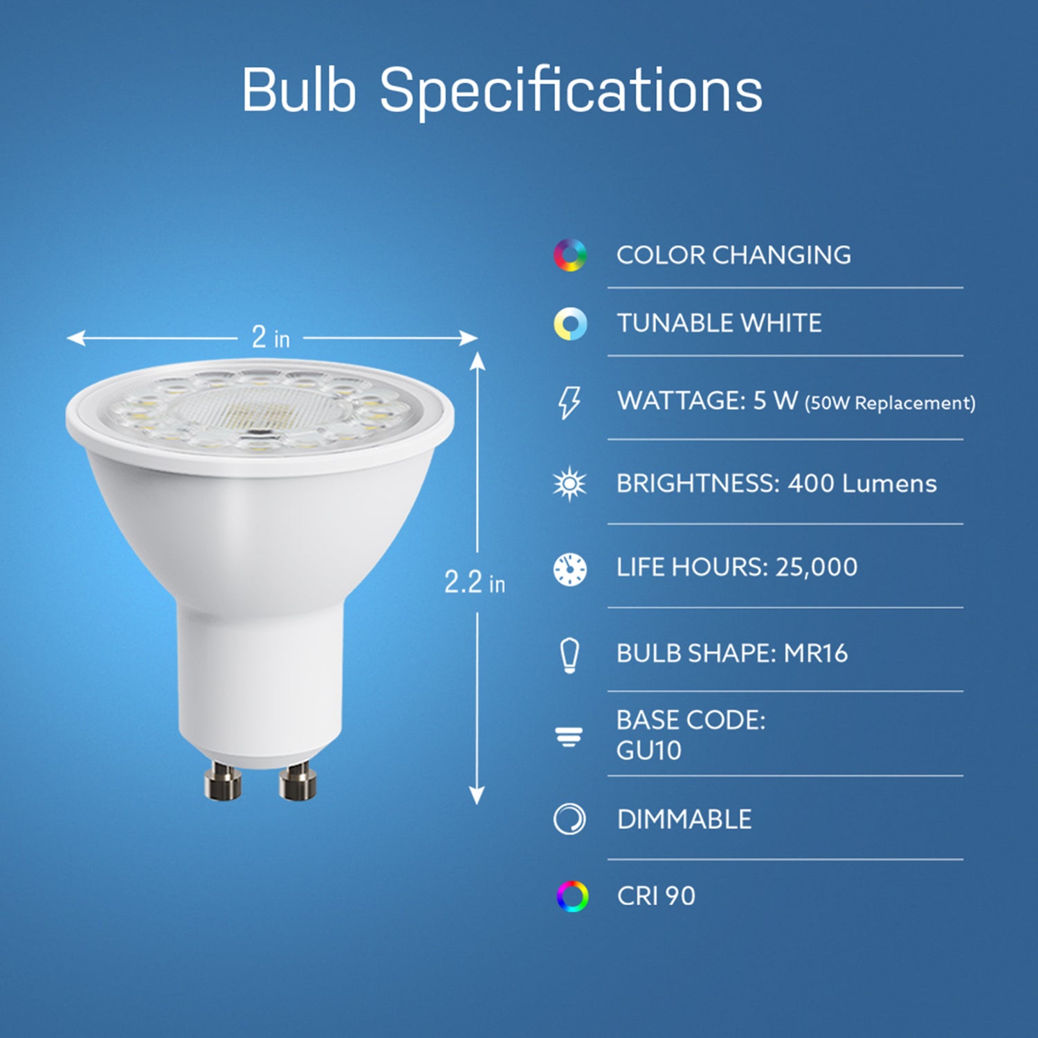 5W (50W Replacement) RGBW Color GU10 Base MR16 Alexa Google Siri Smart Wi-Fi LED Light Bulb