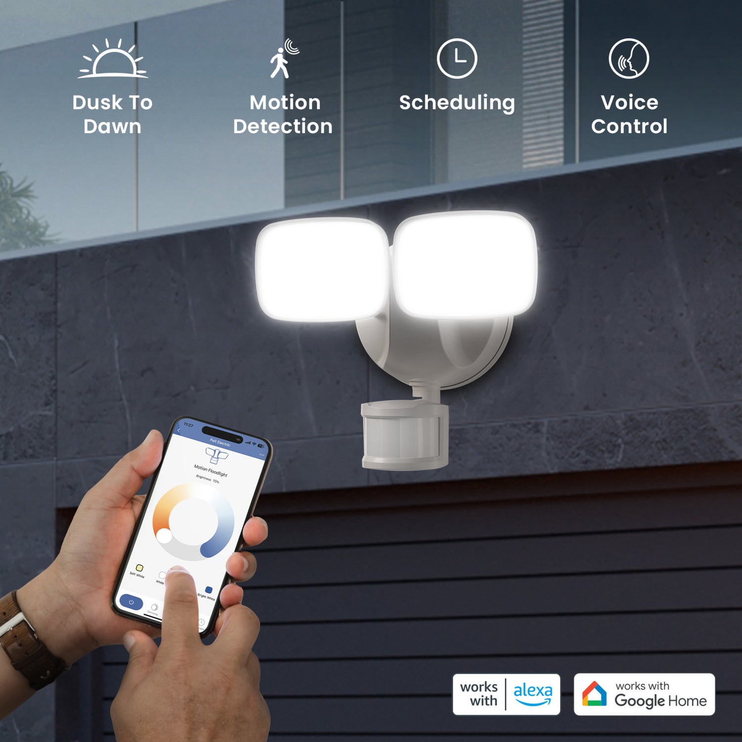 9 in. 28W Tunable White Dual Head Smart Motion Security Flood Light in White with Alexa Google