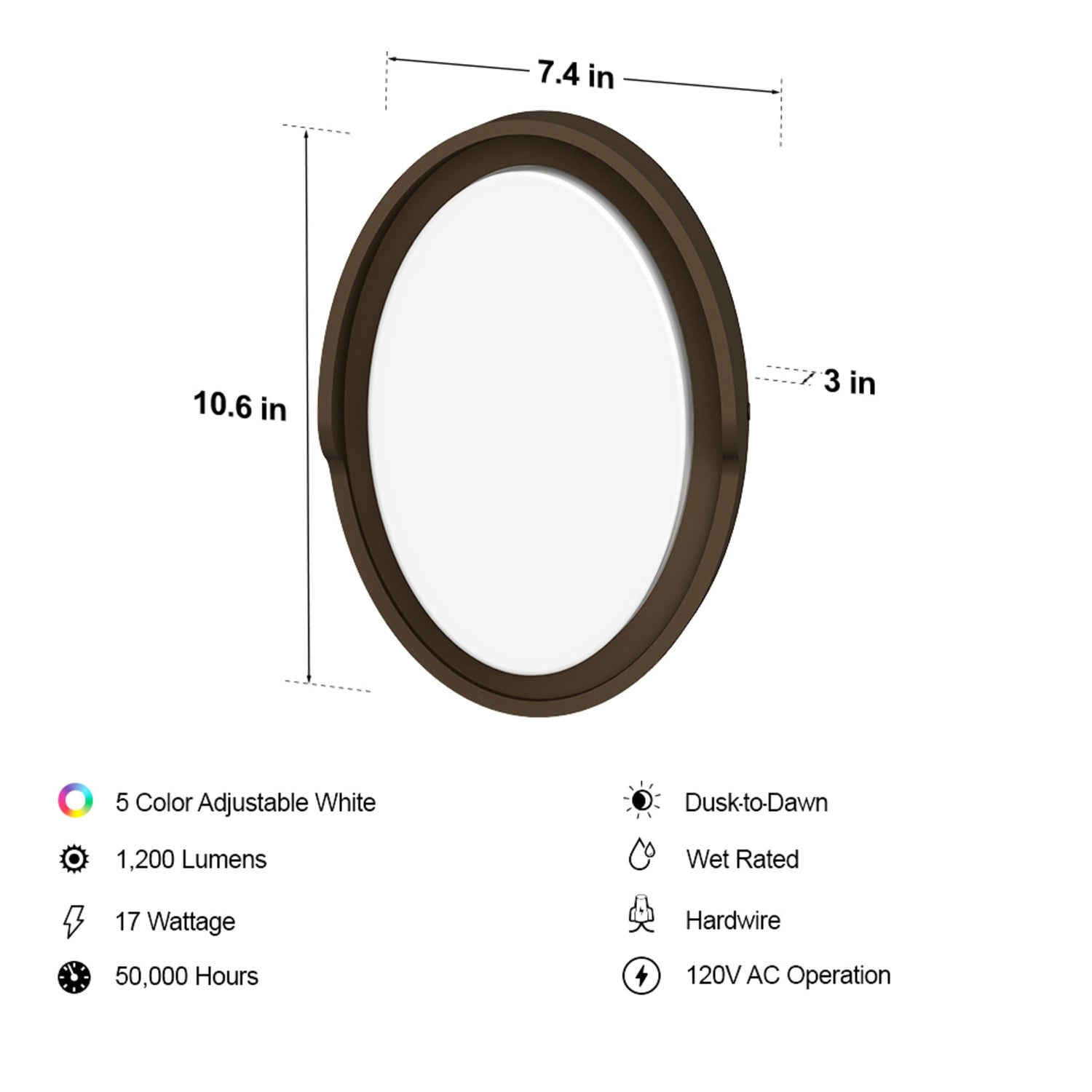 17W 1200 Lumen Adjustable White Dusk to Dawn Oval Outdoor Wall Light, Bronze