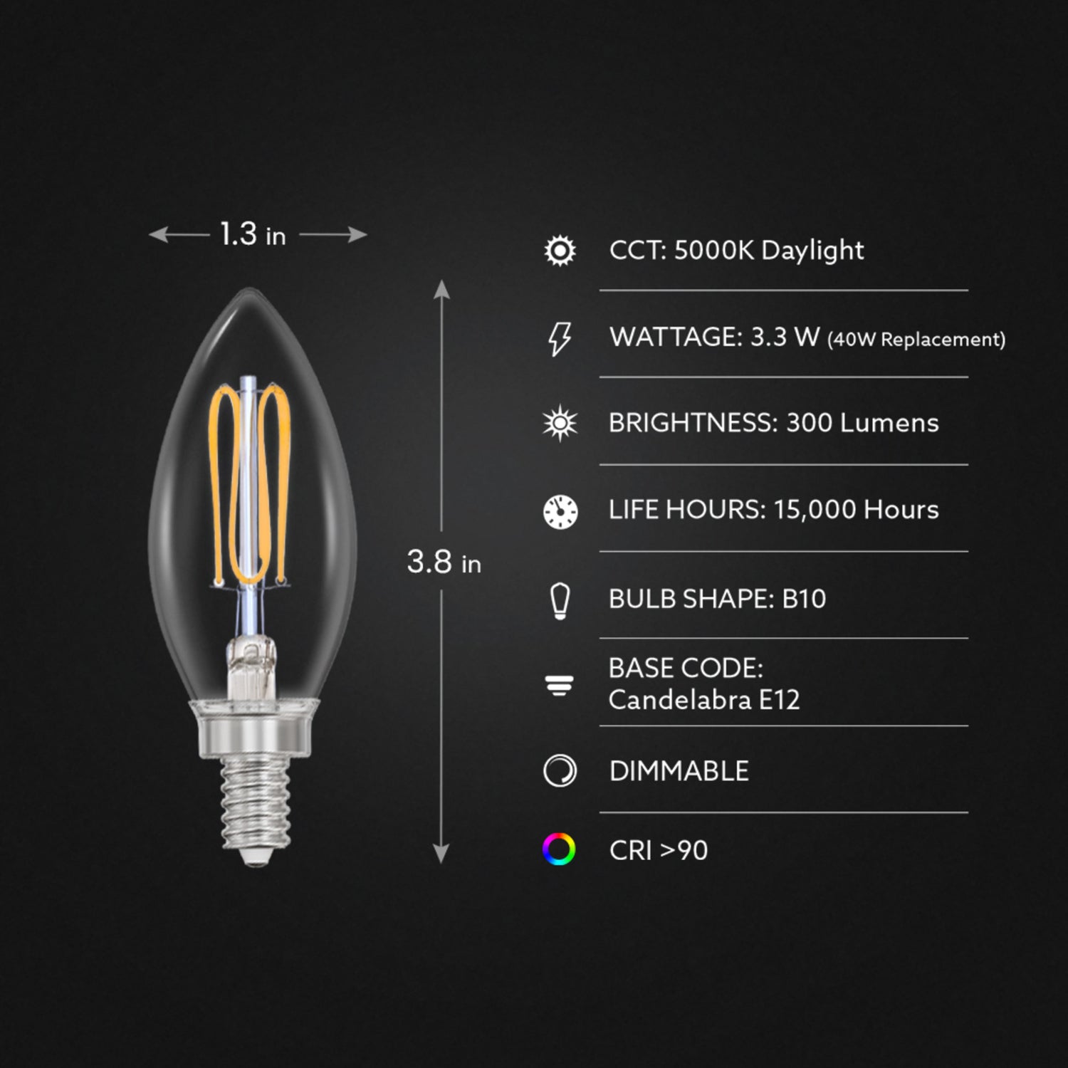 e12 grow light bulb 3.3W (40W Equivalent) Daylight White (5000K) E12 Candelabra Base Dimmable Thin Filament Clear Glass Chandelier