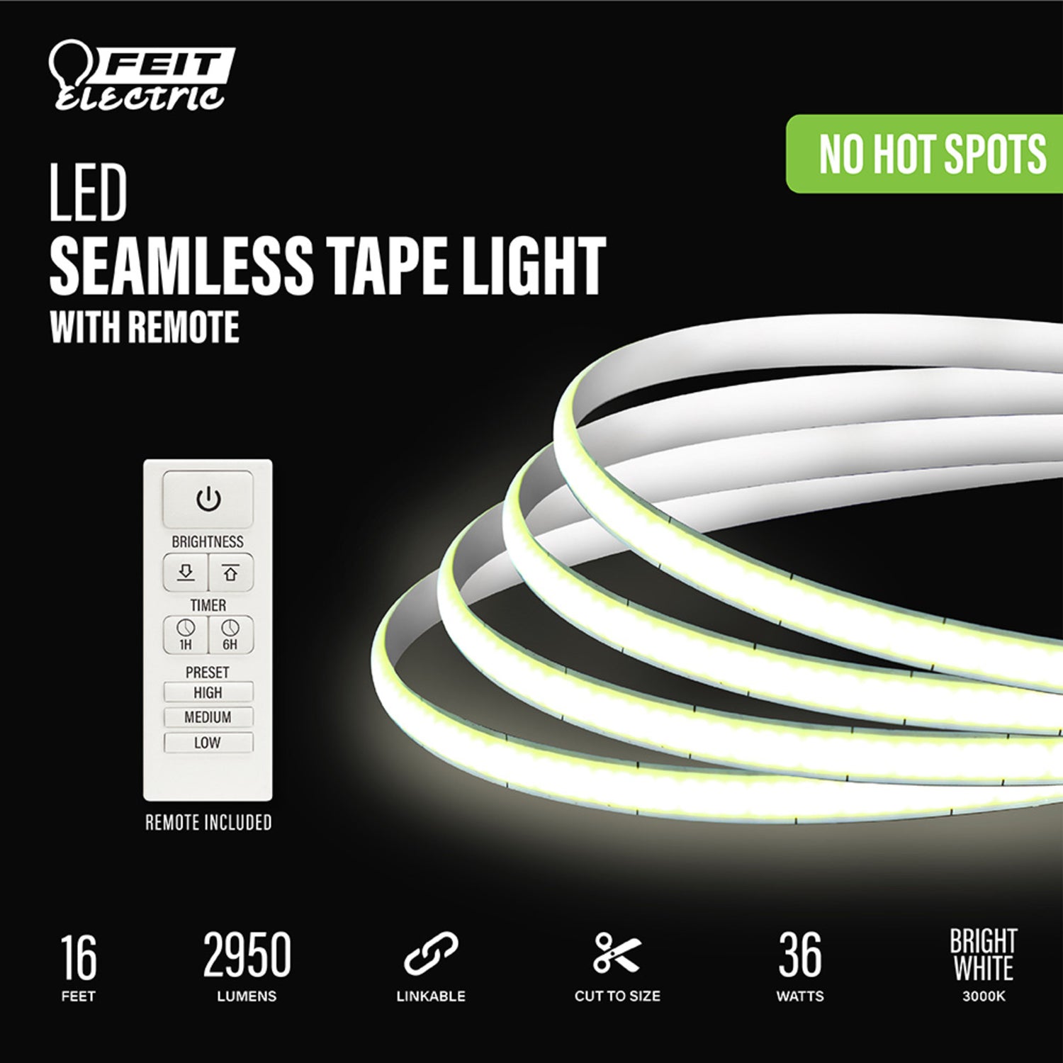 16 ft. Bright White (3000K) Dimmable Cob LED Seamless Tape Light with Remote