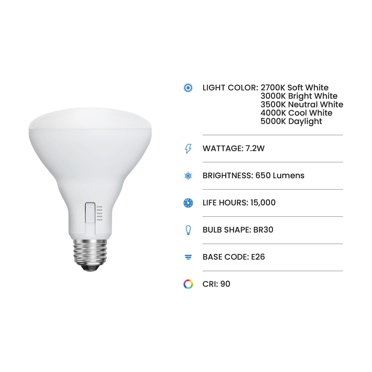 7.2W (65W Replacement) Adjustable White E26 Base Dimmable BR30 Shape LED Bulb (6-Pack)