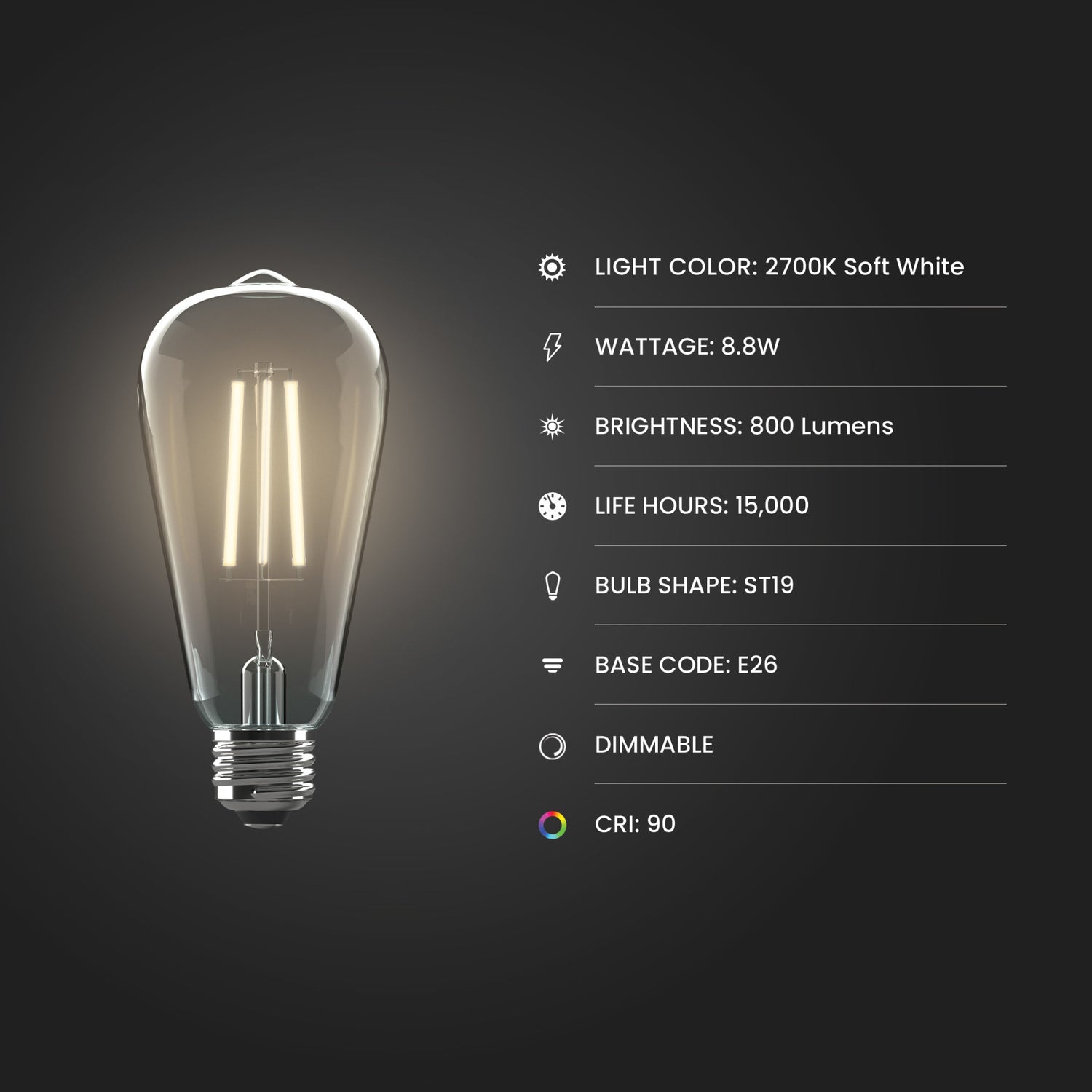 8.8W (60W Replacement) ST19 E26 Dimmable Straight Filament Clear Glass Vintage Edison Enhance LED Light Bulb, Soft White (4-Pack)