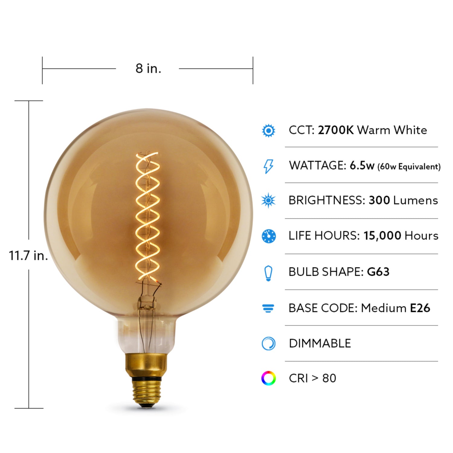 6.5W (60W Replacement) G63 E26 Dimmable Spiral Filament Amber Glass Vintage Edison LED Light Bulb, Warm White