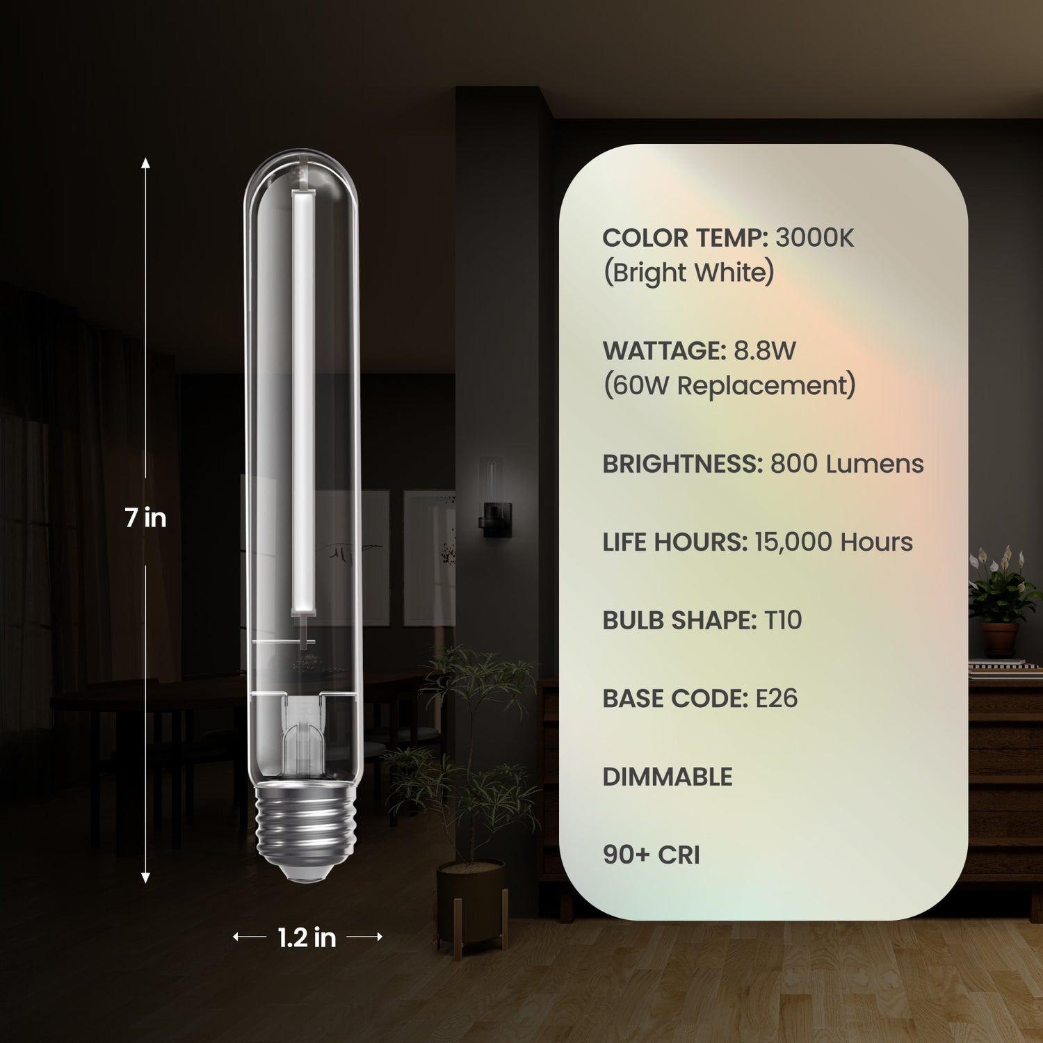 8.8W (60W Replacement) Bright White (3000K) E26 Base T10 Exposed White Filament LED (4-Pack)