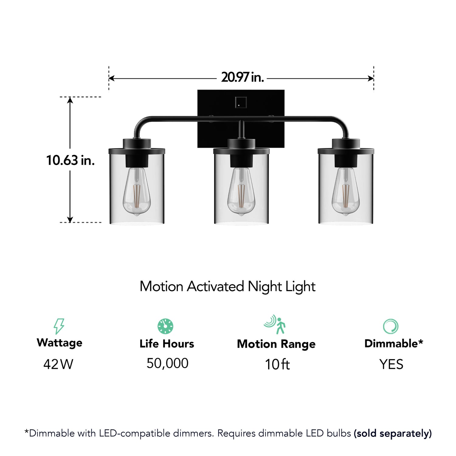 Emerson 3-Light Vanity with Motion Night Light, Matte Black