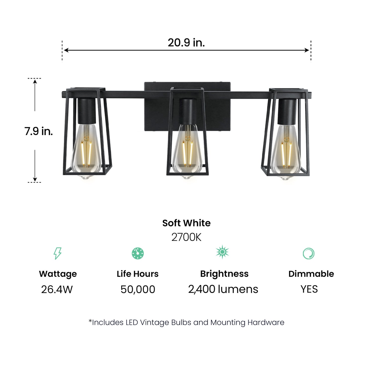 3-Light LED Vanity with Bulbs, Soft White