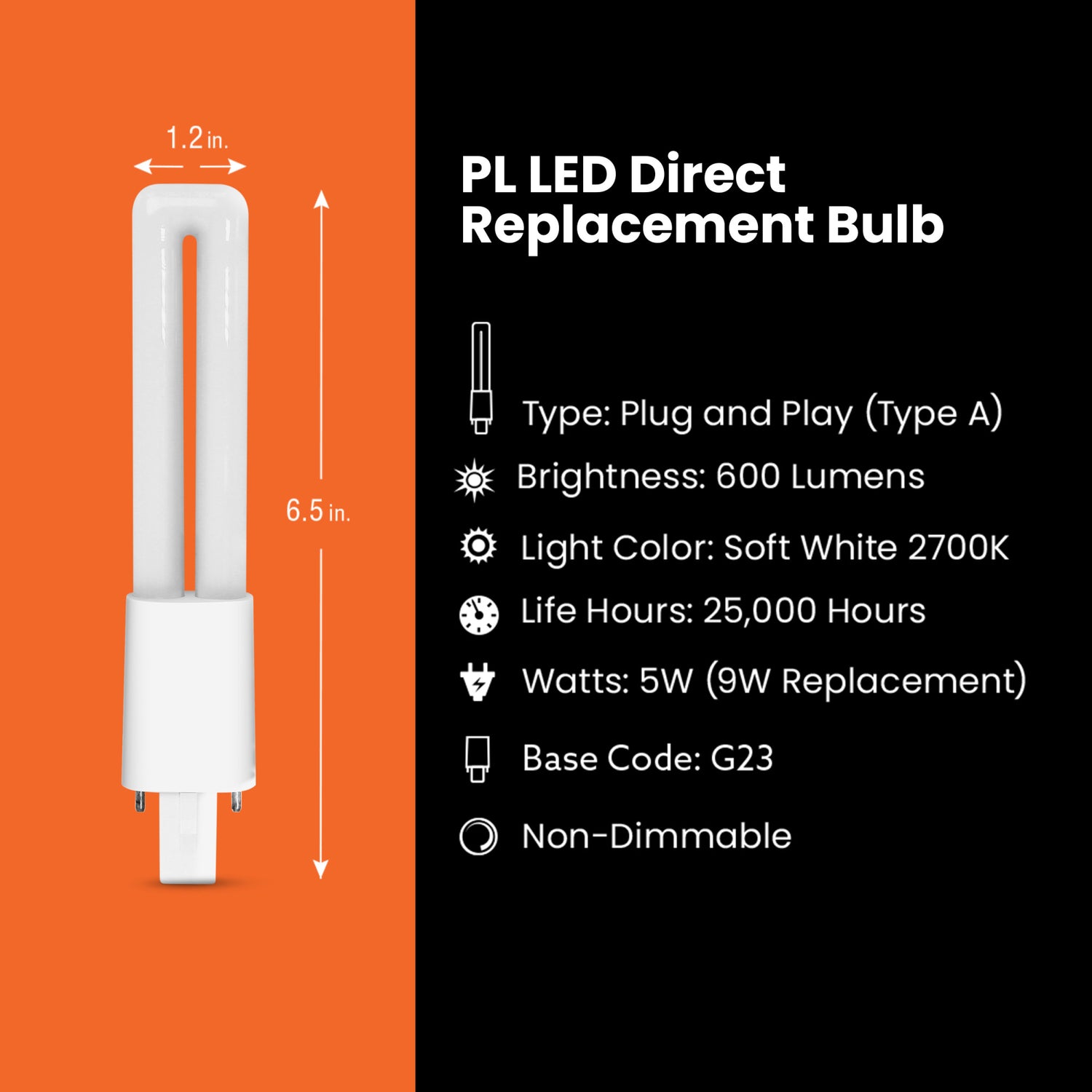 5W (9W Equivalent) Soft White (2700K) PL G23 Base Direct Replacement (Type A) Twin Tube LED Light Bulb