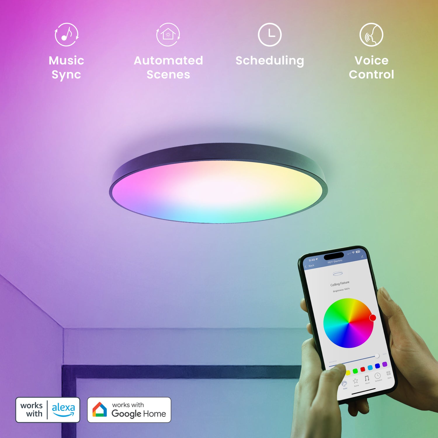 15 in. Round Smart Flush Mount Ceiling Light Fixture, Black