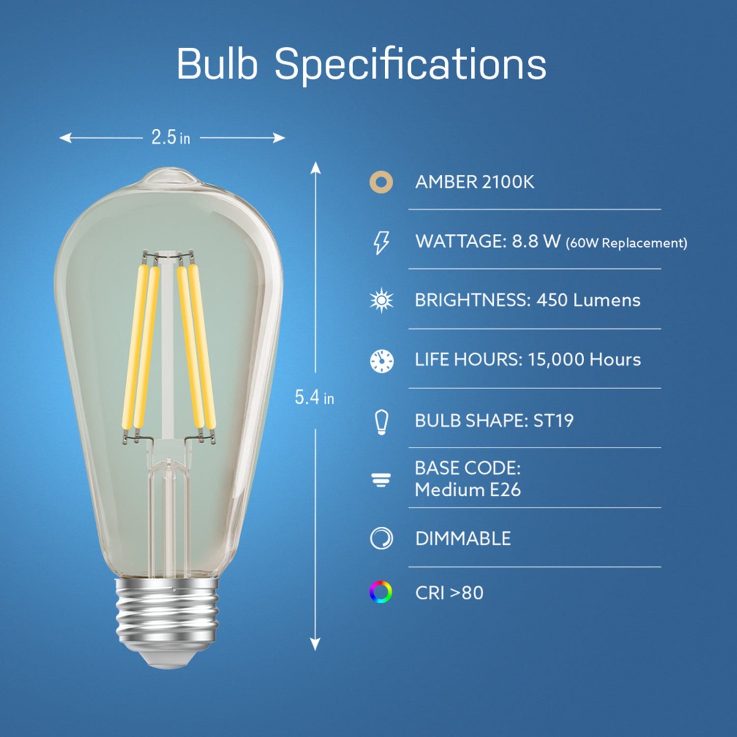 5W (60W Replacement) Amber (2100K) Vintage ST19 Smart Wi-Fi LED Light Bulb
