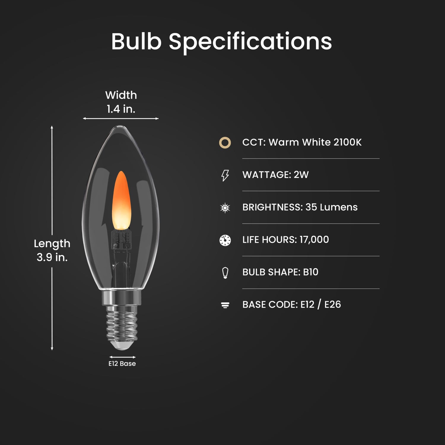 Flicker Flame LED B10 Candle Bulb E12 Base with E26 Adapters (2-Pack)
