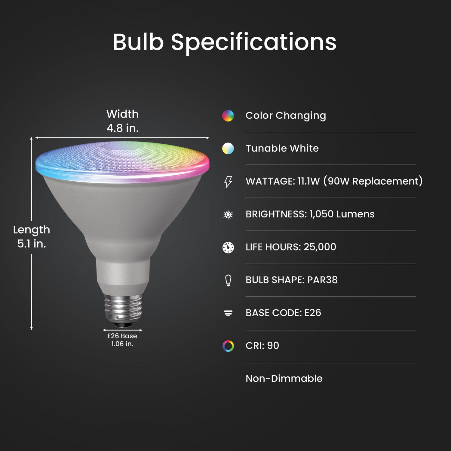 11.1W (90W Replacement) Color Changing E26 Base PAR38 Dimmable Alexa Google Smart LED Light Bulb