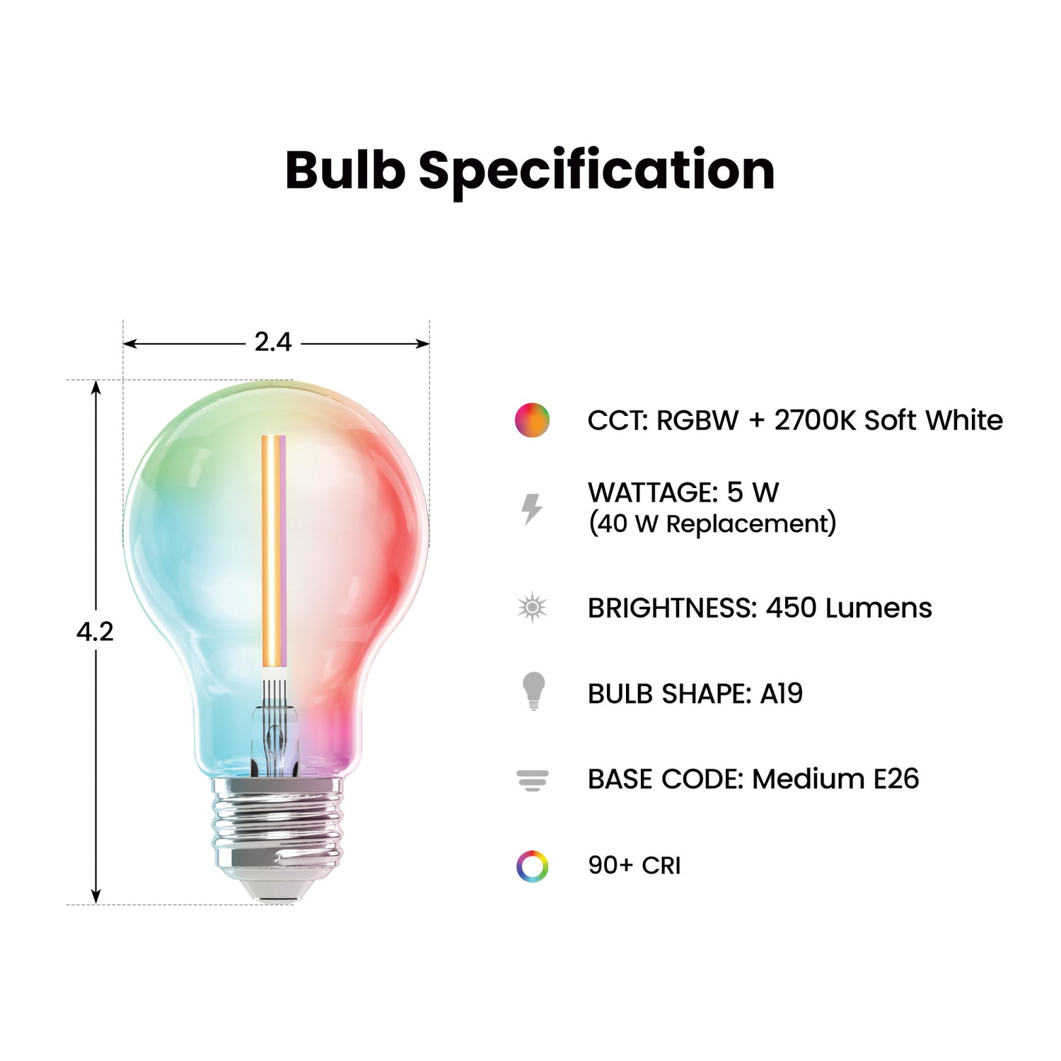 5W (40W Replacement) Color Changing E26 Base A19 Dimmable Filament Smart Wi-Fi LED Light Bulb