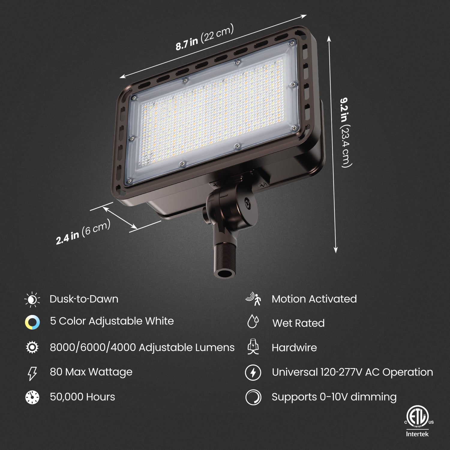 8000/6000/4000 Lumens Adjustable White Commercial Flood Light, Bronze