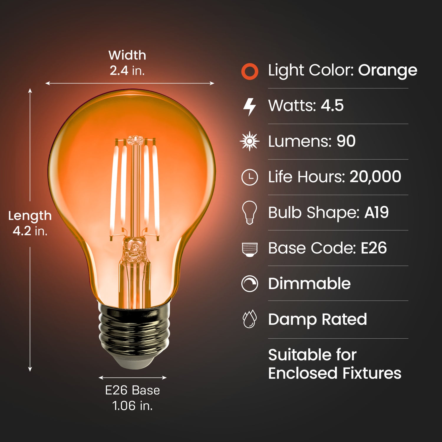 Clear Glass Orange A19 Dimmable LED Filament Light Bulb