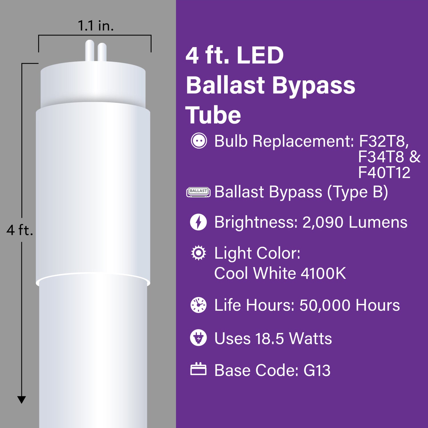 18.5W (40W Replacement) Cool White (4100K) G13 Base (T8/T12 Replacement) Type B (Ballast Bypass) LED Light Bulb
