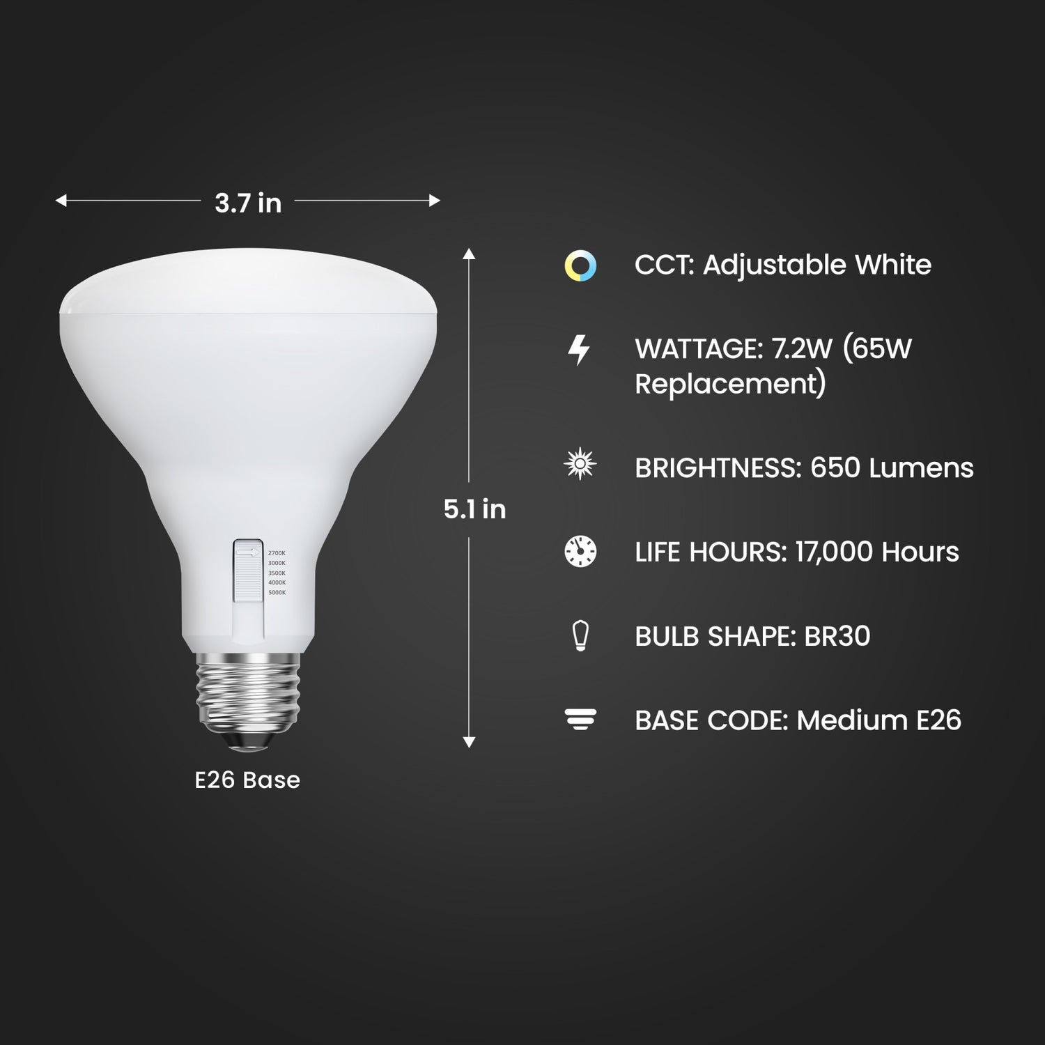7.2W (65W Replacement) Adjustable White E26 Base Dimmable BR30 Shape LED Bulb (2-Pack)