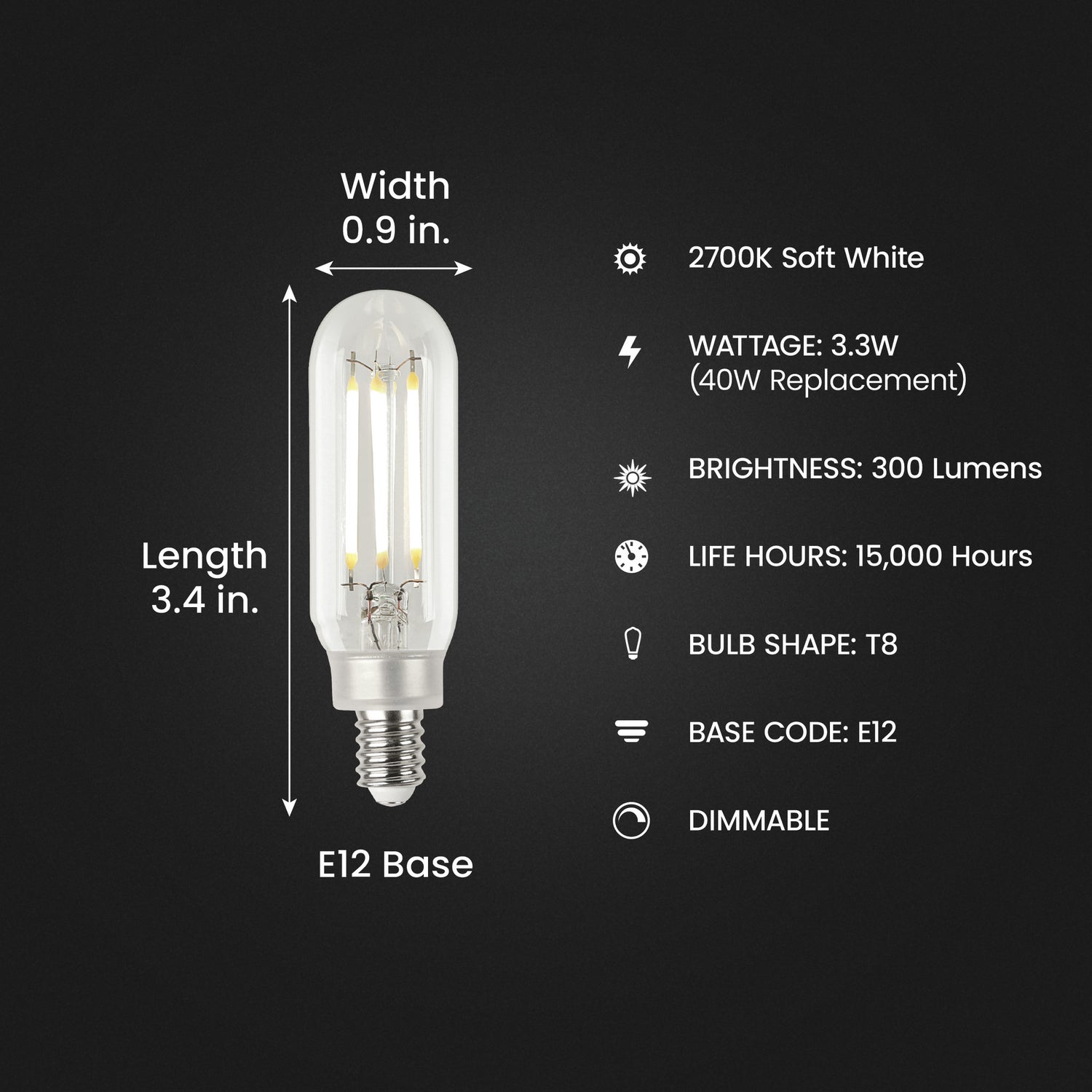 3.3W (40W Replacement) T8 E12 Dimmable Straight Filament Clear Glass Vintage Edison LED Light Bulb, Soft White