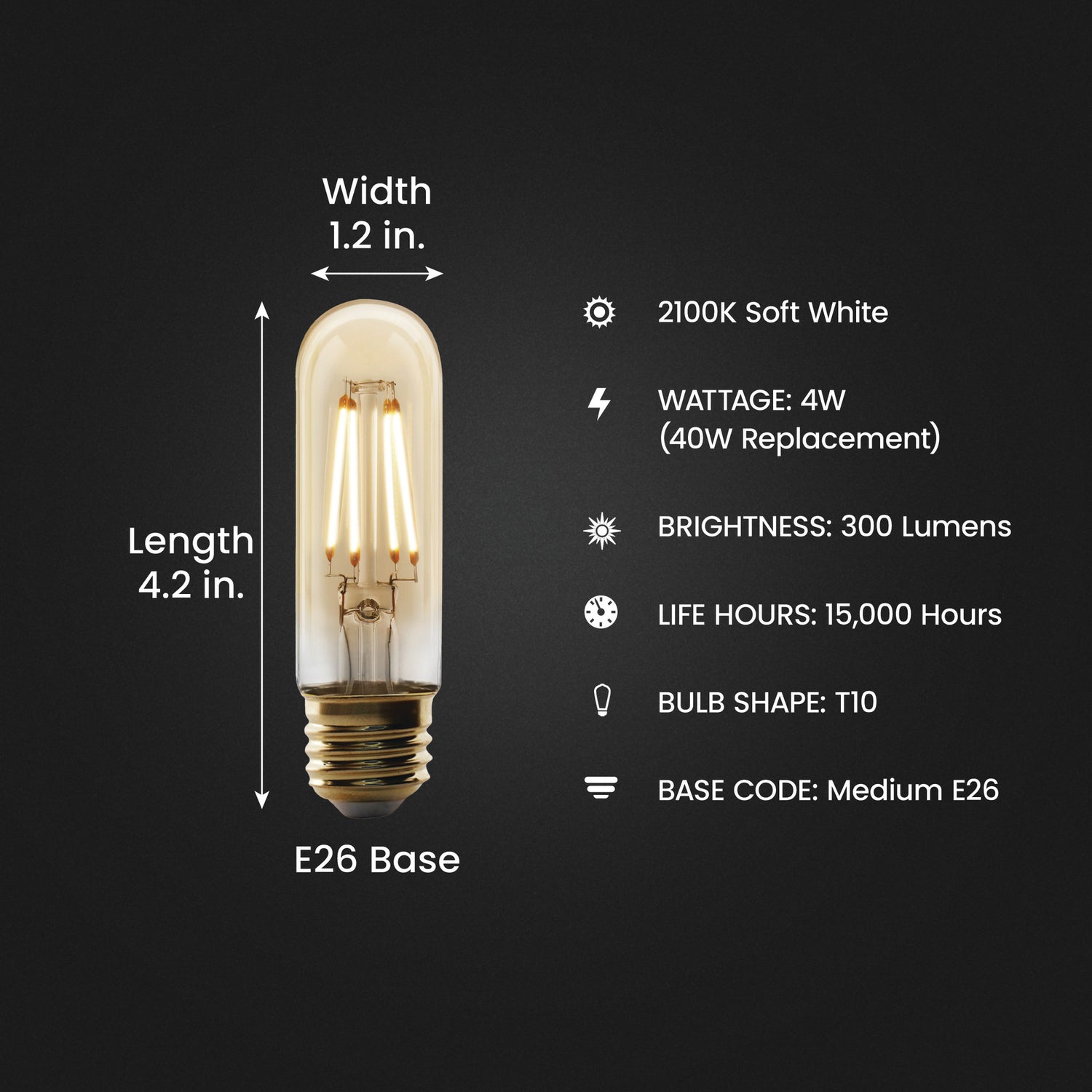 4W (40W Replacement) T10 E26 Dimmable Straight Filament Amber Glass Vintage Edison LED Light Bulb, Soft White