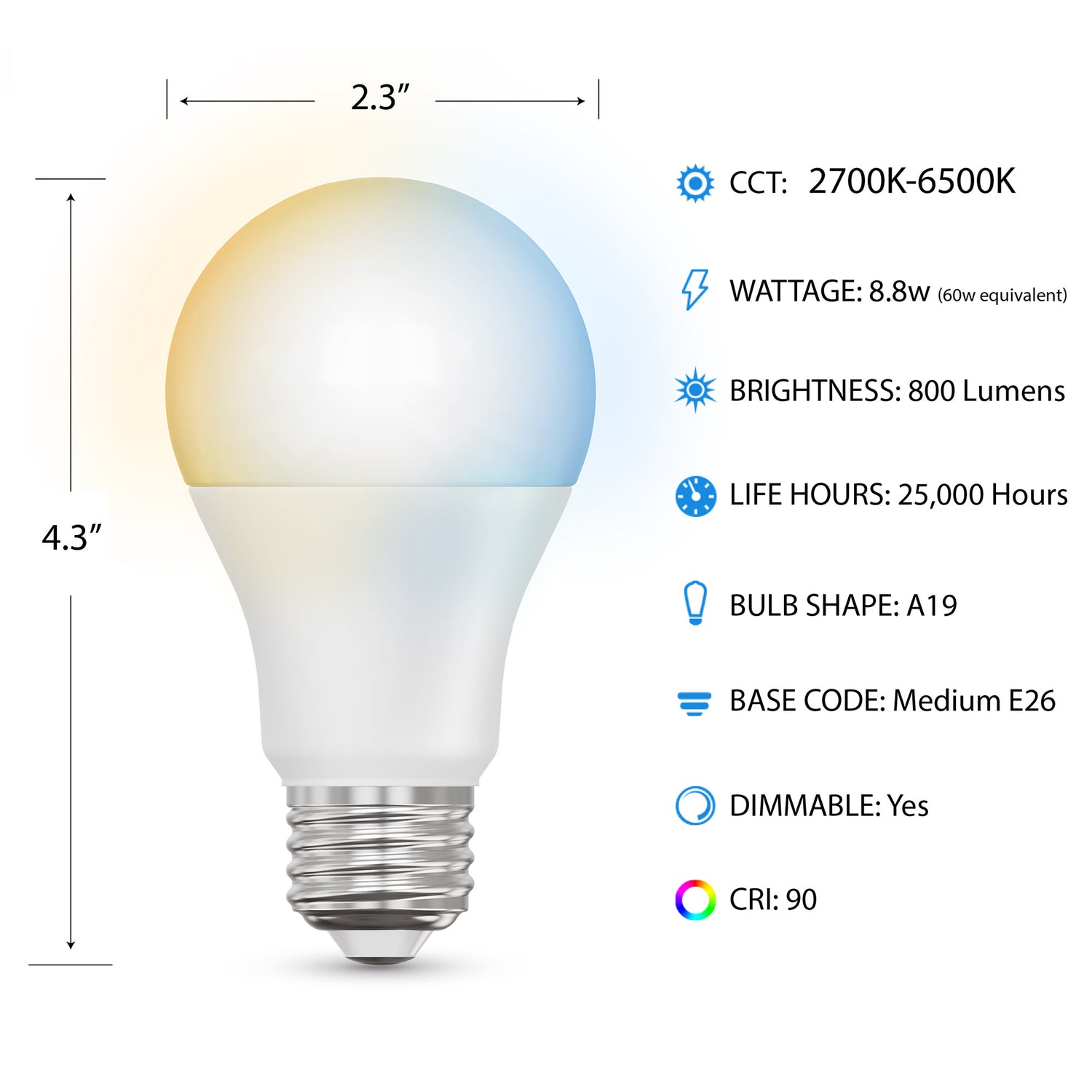 8.8W (60W Replacement) Tunable White E26 Base A19 Smart WiFi LED Light Bulb