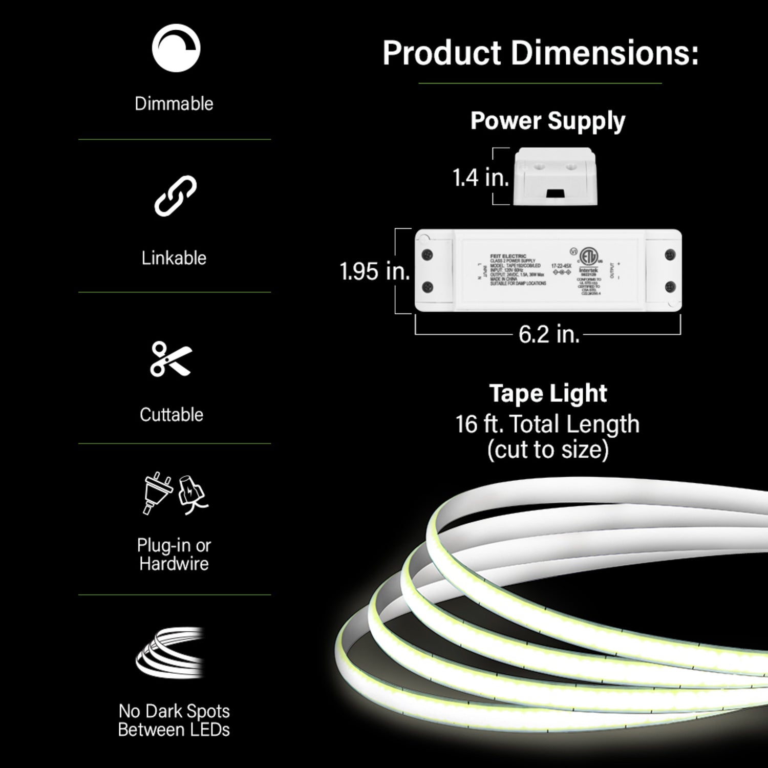 16 ft. Bright White (3000K) Dimmable Cob LED Seamless Tape Light with Remote
