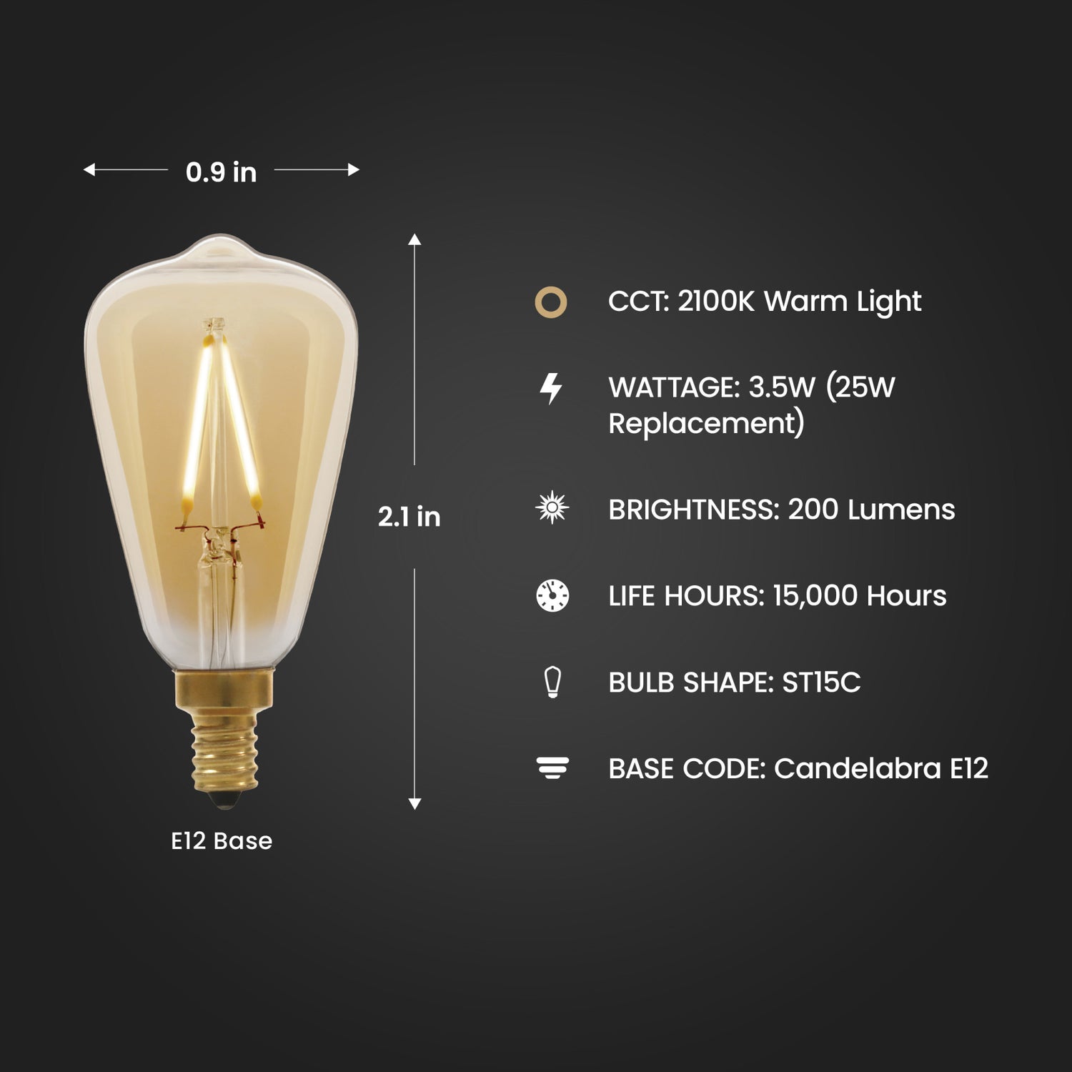 3.5W (25W Replacement) ST15C E12 Dimmable Straight Filament Amber Glass Vintage Edison LED Light Bulb, Soft White
