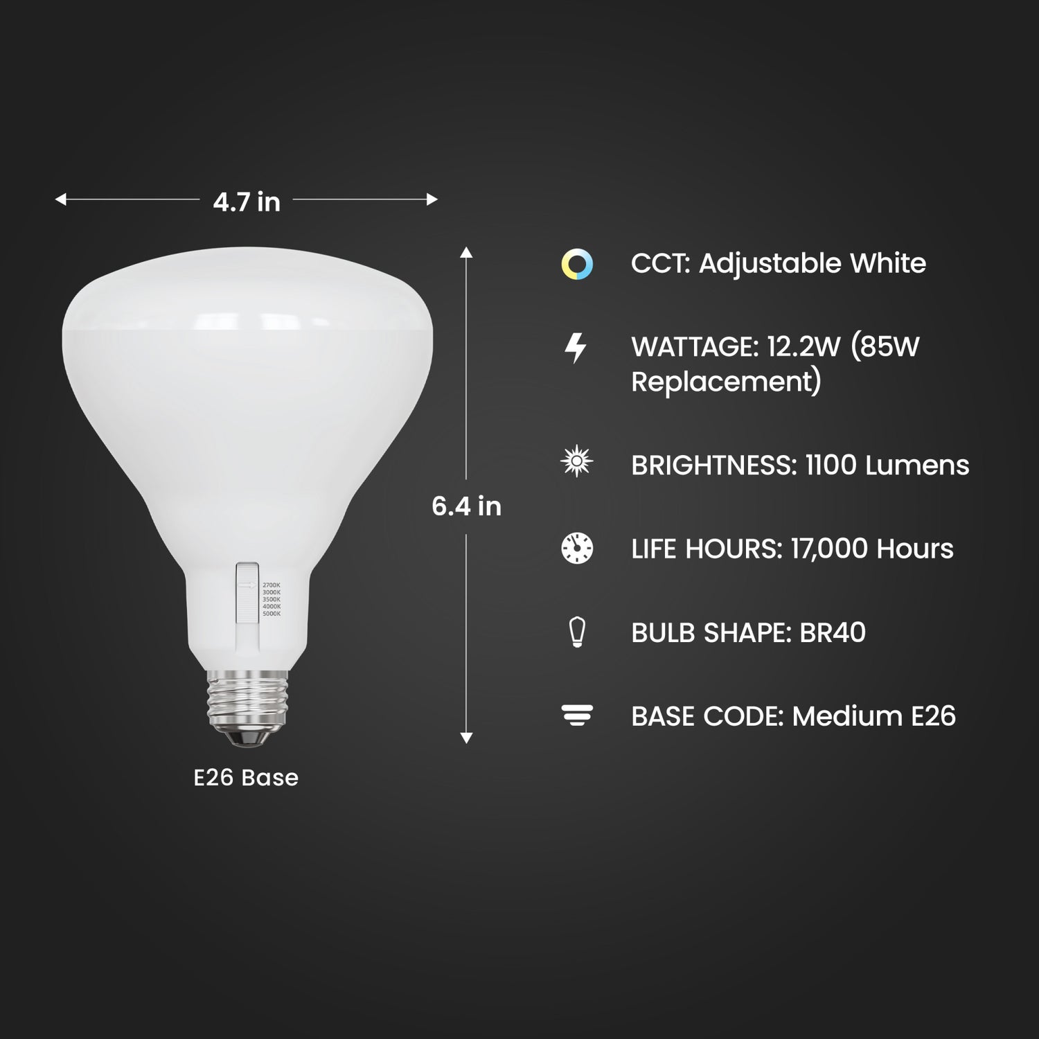 12.2W (85W Replacement) Adjustable White (5CCT) E26 Base Dimmable BR40 Shape LED Bulb