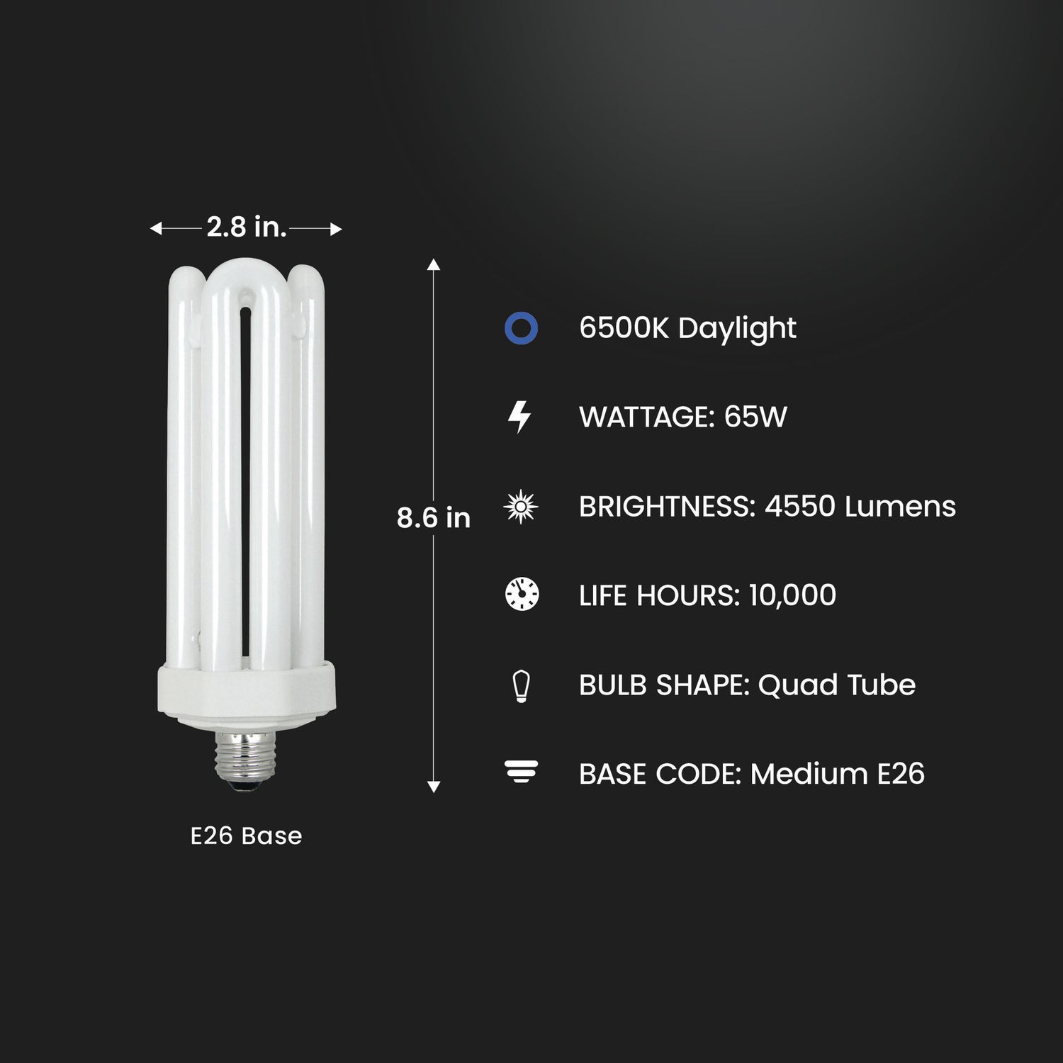 65W (300W Replacement) Daylight Deluxe (6500K) E39/E26 Base Quad Tube PL CFL Bulb