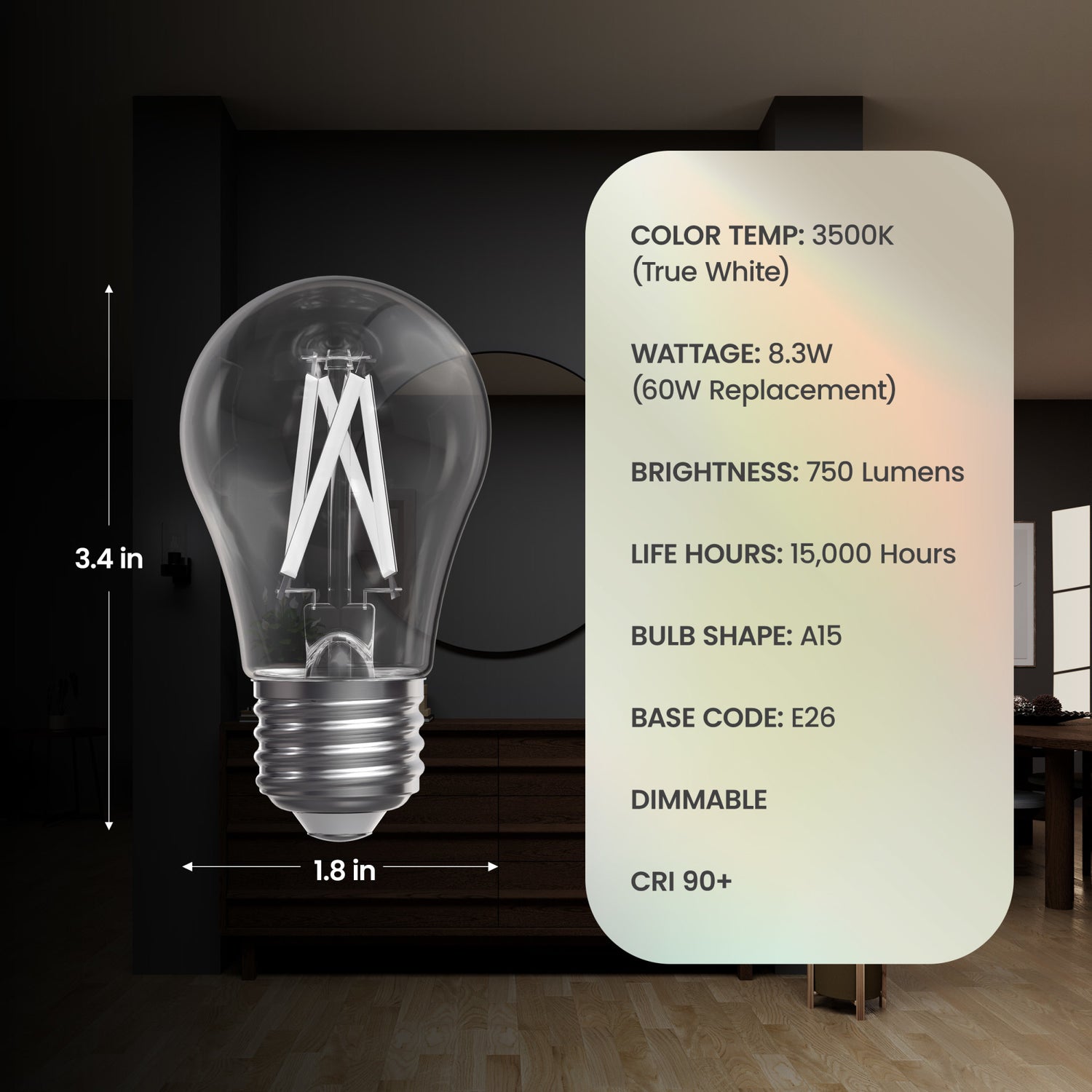 8.3W (60W Replacement) True White (3500K) A15 E26 Base Exposed White Filament LED Light Bulb (2-Pack)