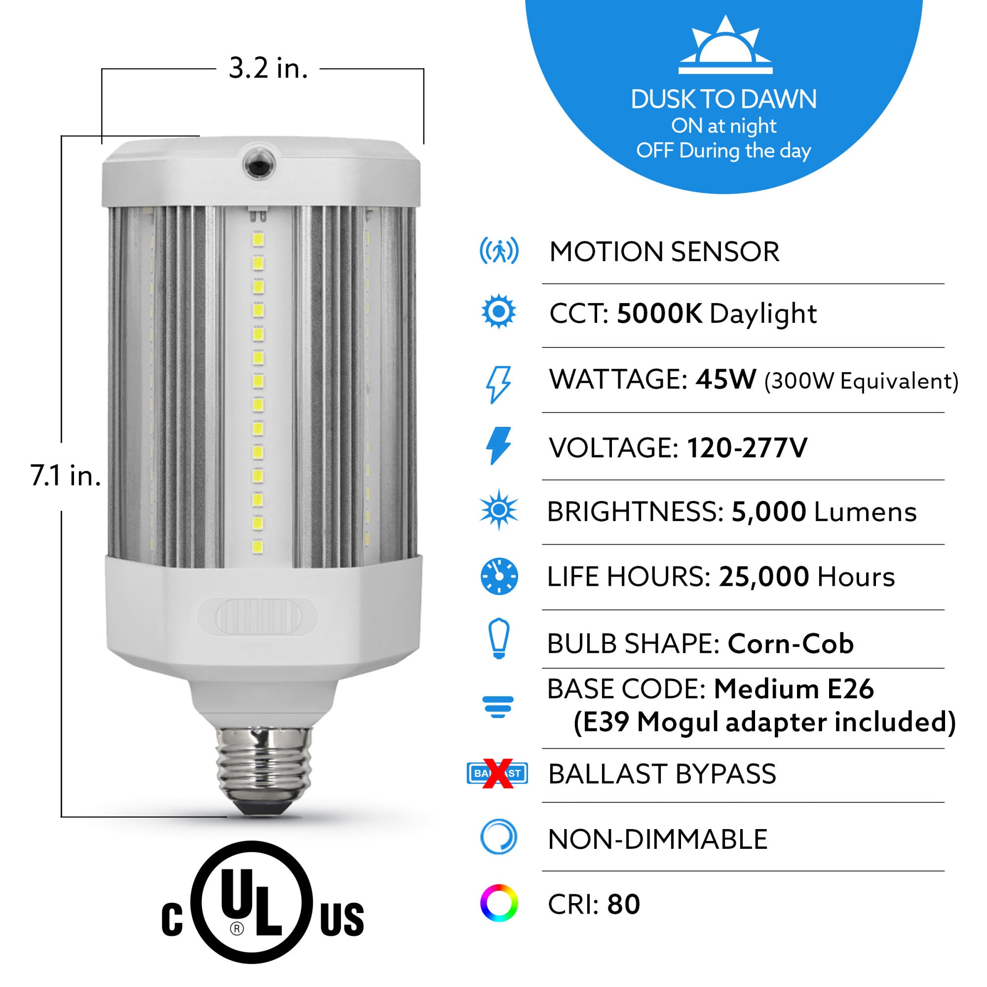 45W (300W Replacement) Daylight (5000K) Corn Cob Yard Light With