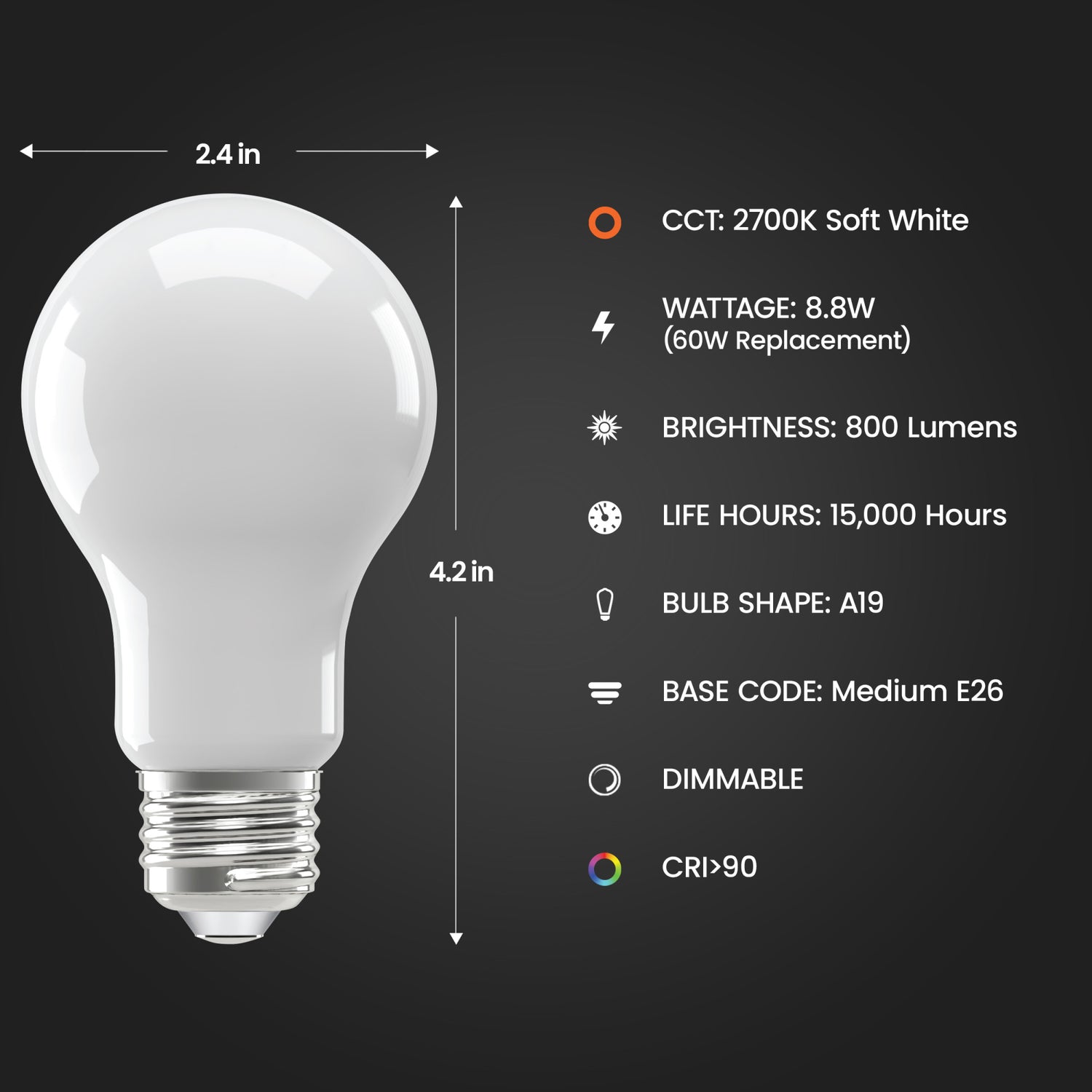 8.8W (60W Replacement) Soft White (2700K) A19 Enhance Dimmable Glass Filament General Purpose LED (4-Pack)