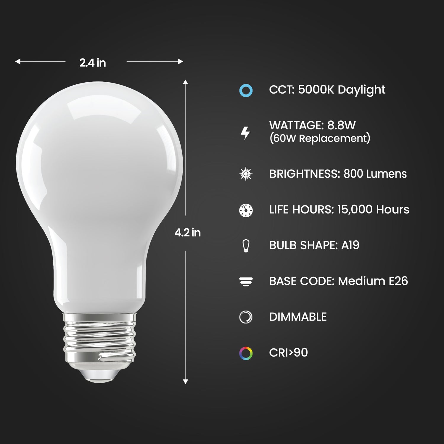 8.8W (60W Replacement) Daylight (5000K) A19 Dimmable Enhance Glass Filament General Purpose LED (4-Pack)