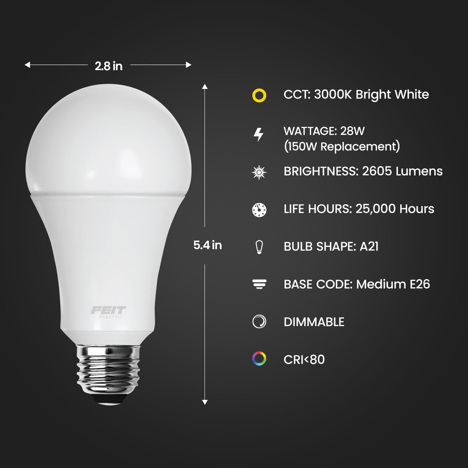 28W (150W Replacement) Bright White (3000K) A21 E26 Base Dimmable High Lumen LED