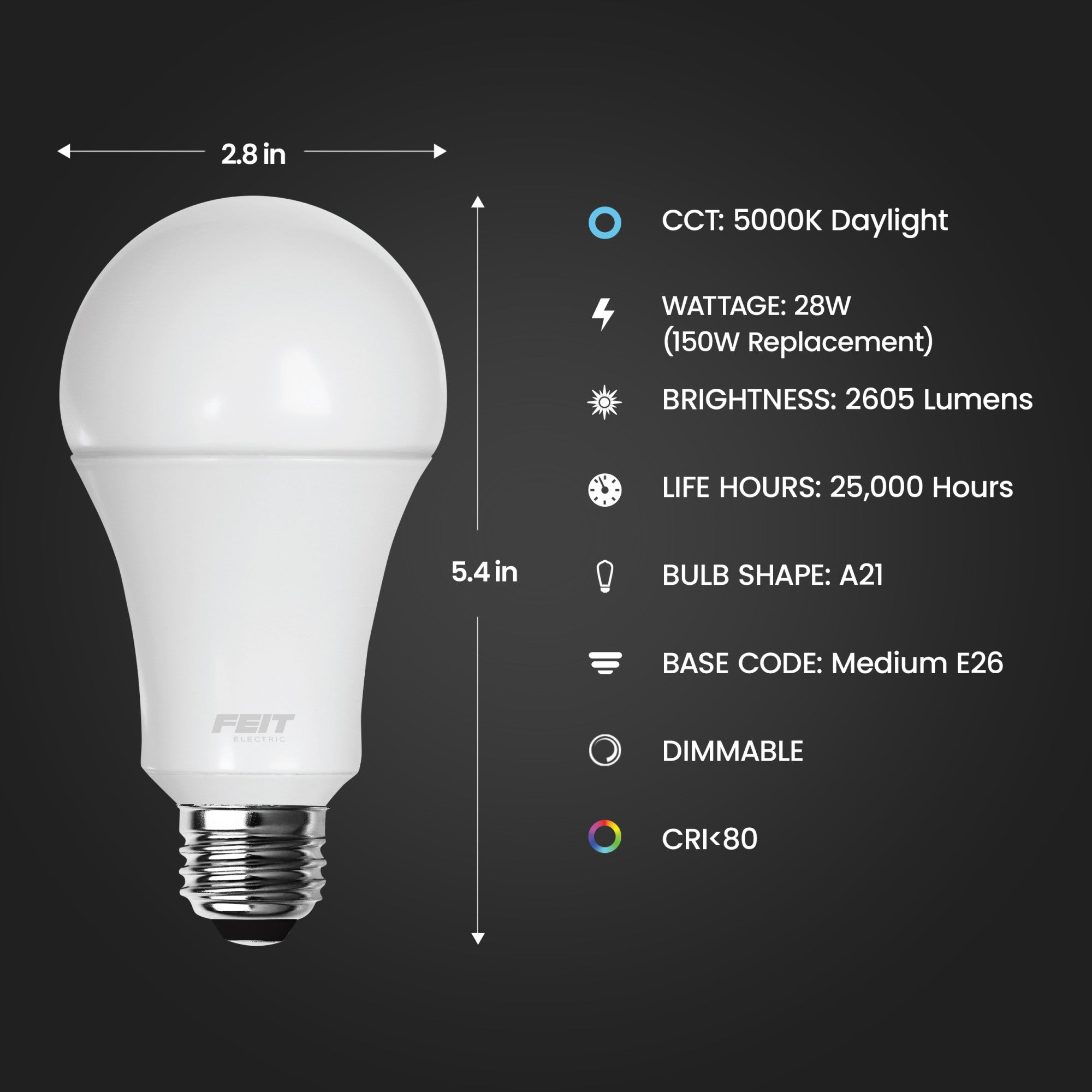 LED電球 28W 5000K E26 28W (150W Replacement) Daylight (5000K) E26 Base A21 Dimmable High