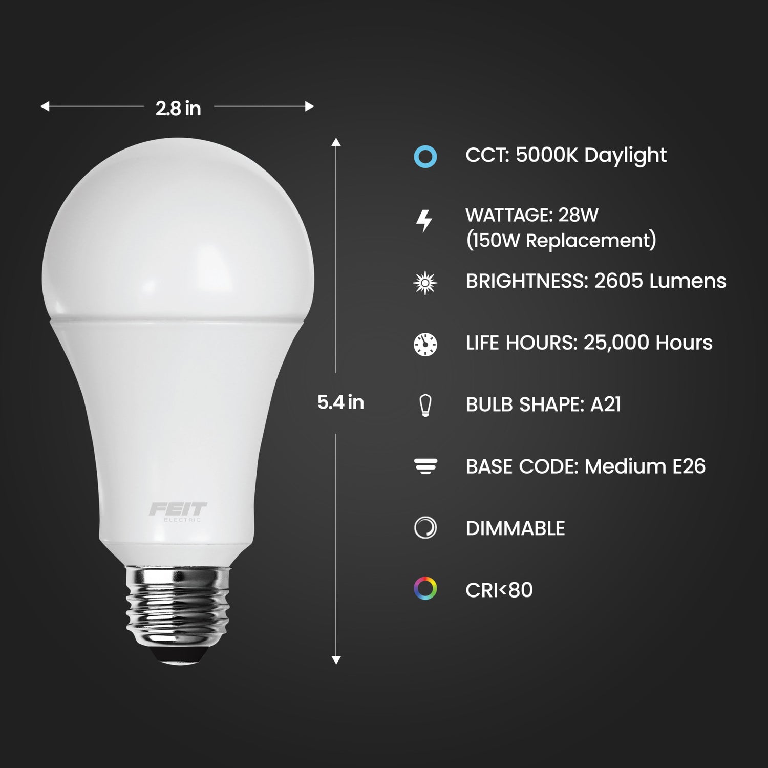 28W (150W Replacement) Daylight (5000K) E26 Base A21 Dimmable High Lumen LED Bulb