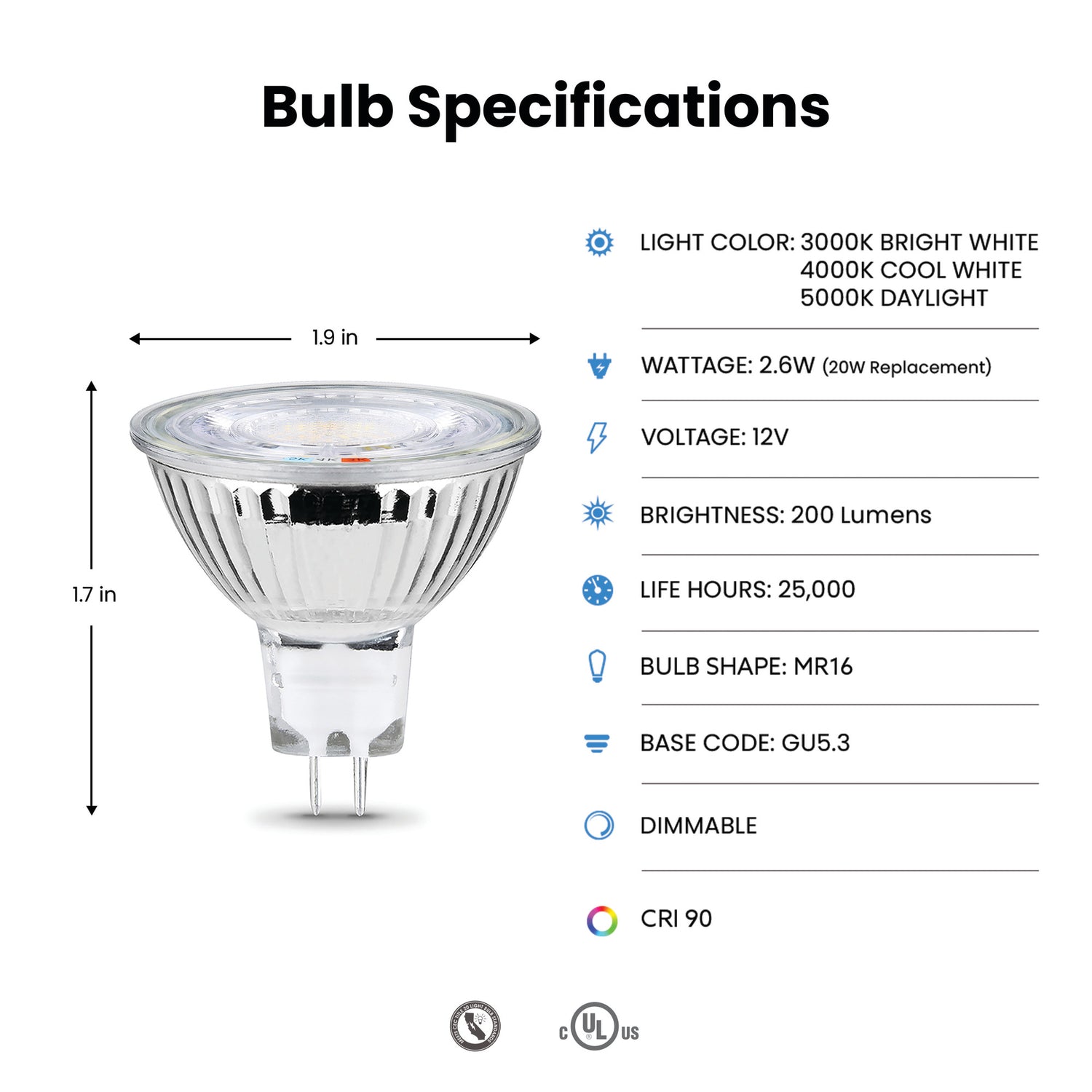 2.6W (20W Replacement) Adjustable White GU5.3 Base MR16 Dimmable Enhance Reflector LED (3-Pack)