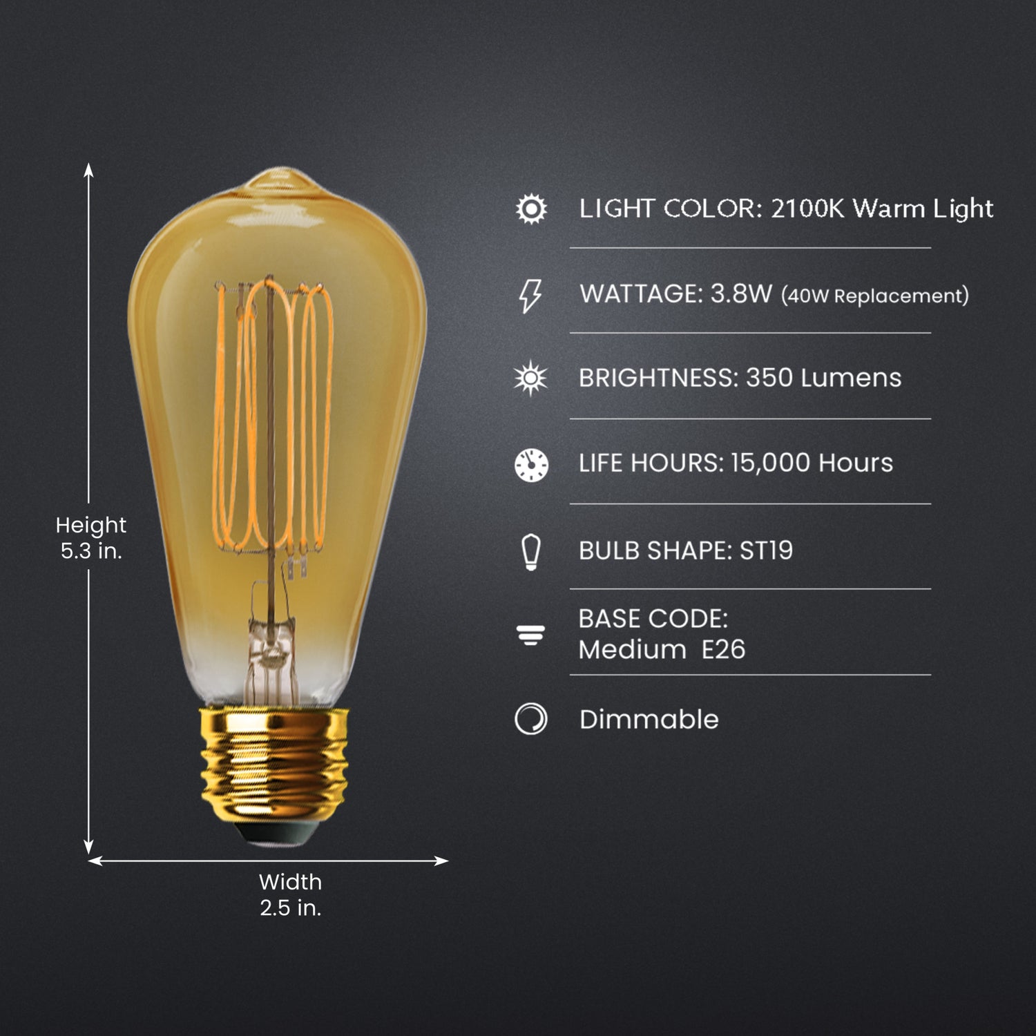 3.8W (40W Equivalent) ST19 E26 Dimmable Exposed Thin Filament Amber Glass Vintage Edison LED Light Bulb, Warm Light (2-Pack)