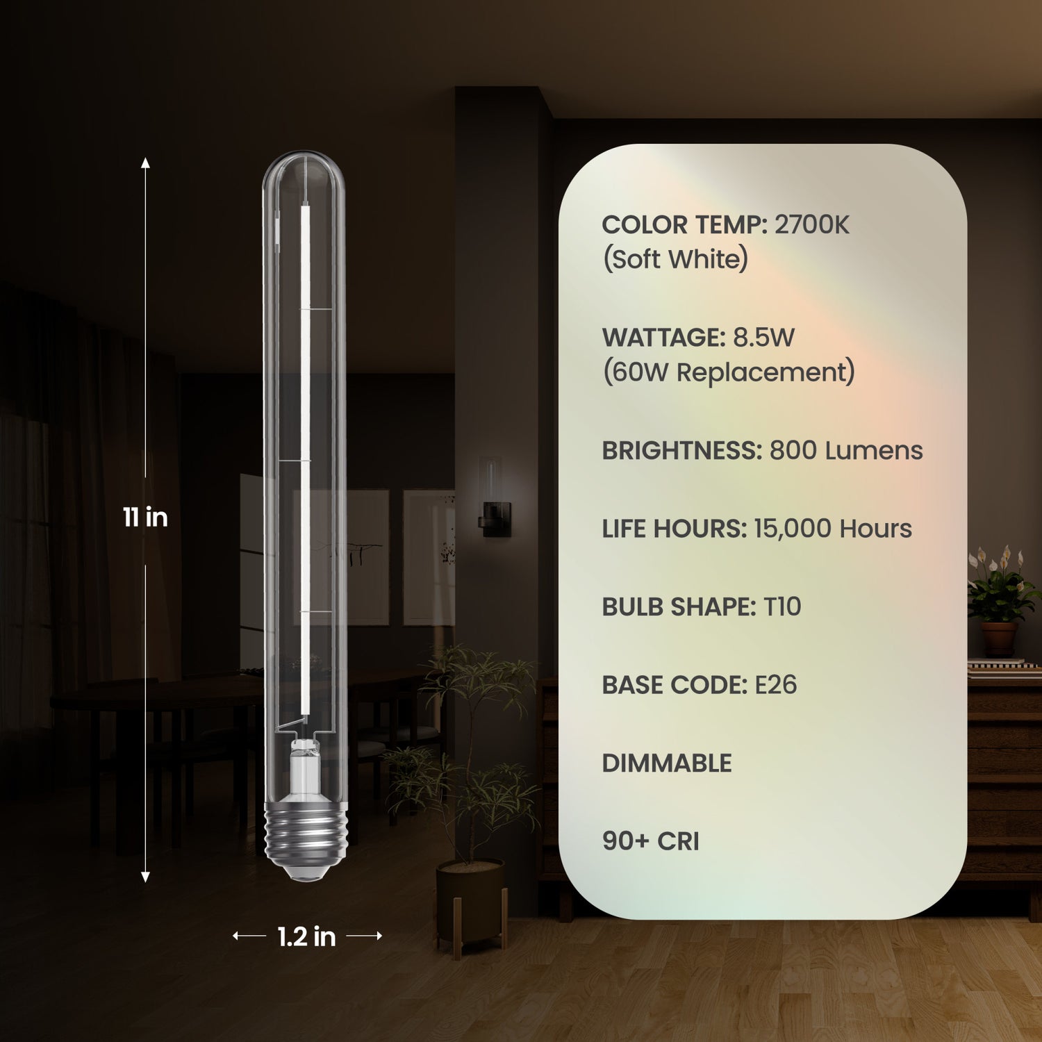 8.5W (60W Replacement) T10 E26 Dimmable Straight White Filament Clear Glass Vintage Edison LED Light Bulb, Soft White