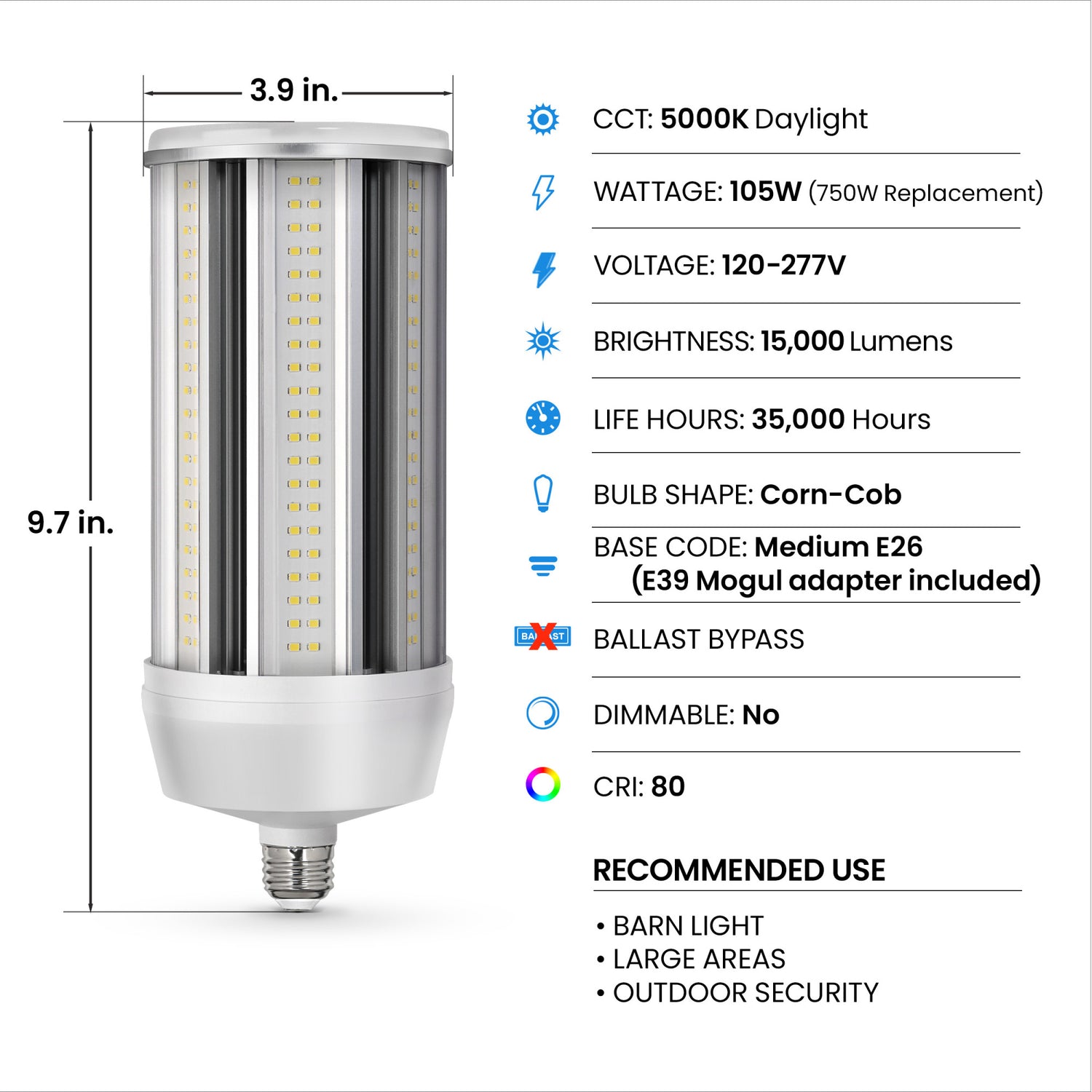 15000 Lumens Daylight (5000K) E26/E39 Base LED Corn-Cob Light