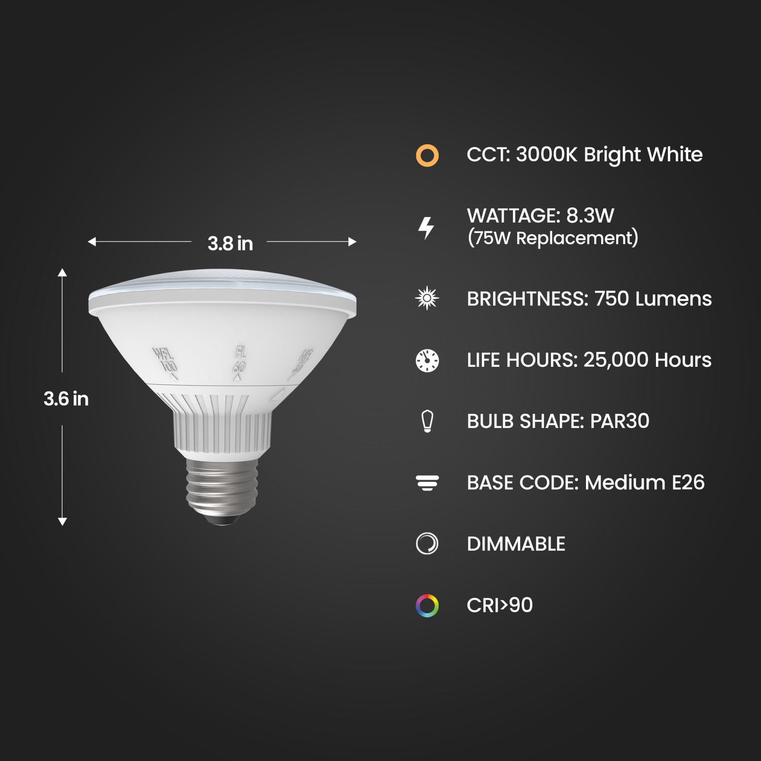 75W Replacement Bright White Short PAR30 Adjustable Angle Reflector LED
