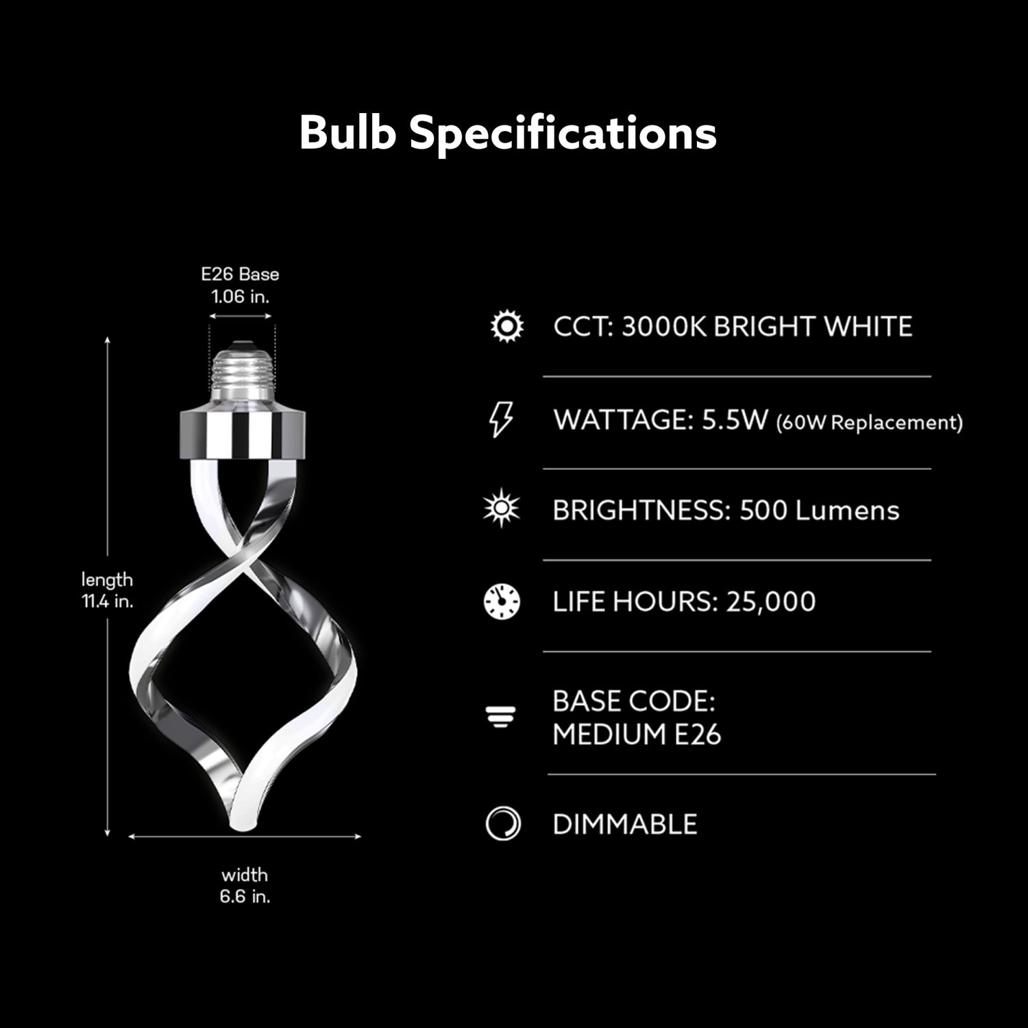 5.5W Bright White (3000K) Chrome LED Helix Bulb